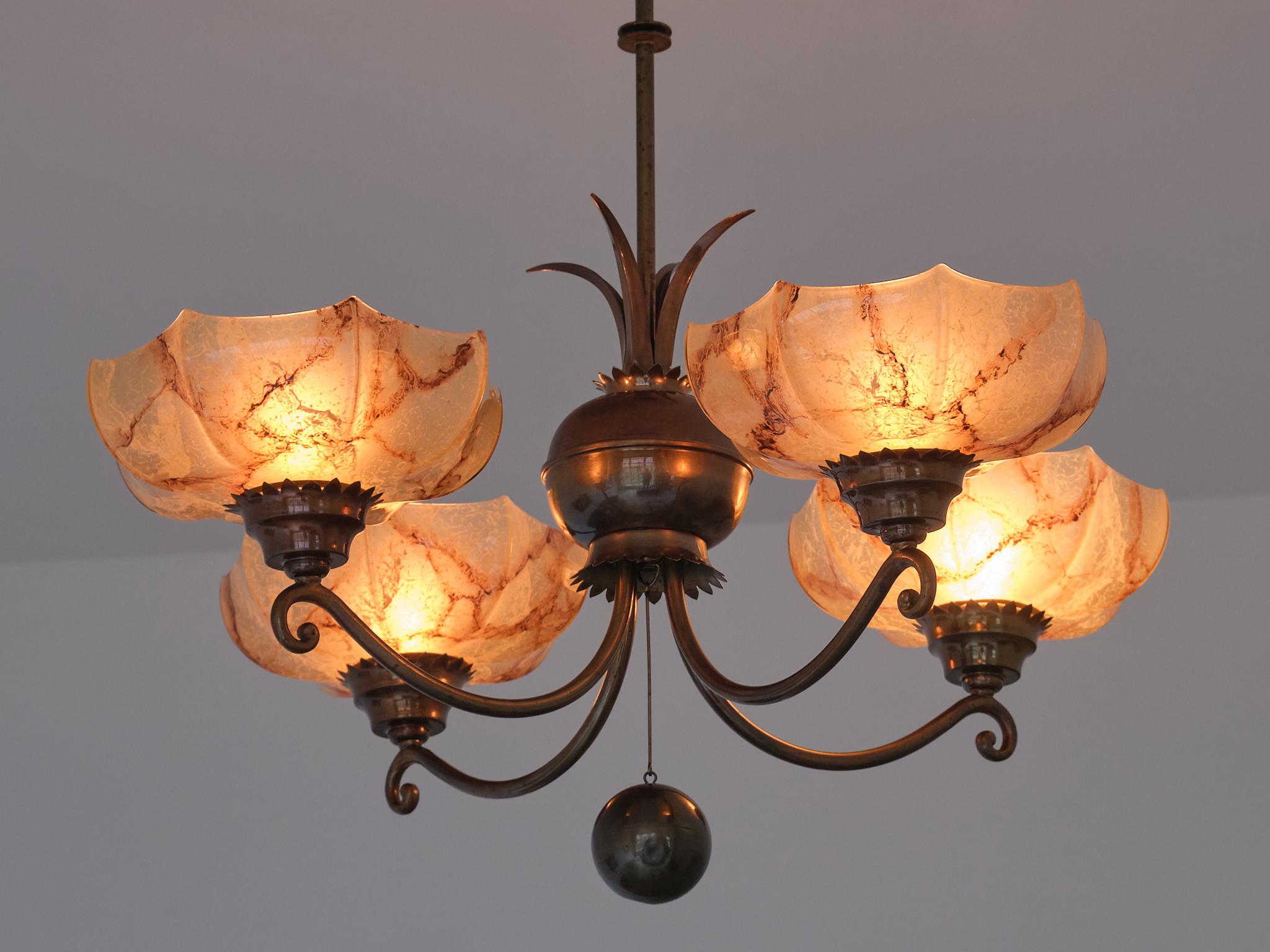 Harald Notini Chandelier in Brass and Marbled Glass, Böhlmarks, Sweden, 1927 In Good Condition For Sale In The Hague, NL