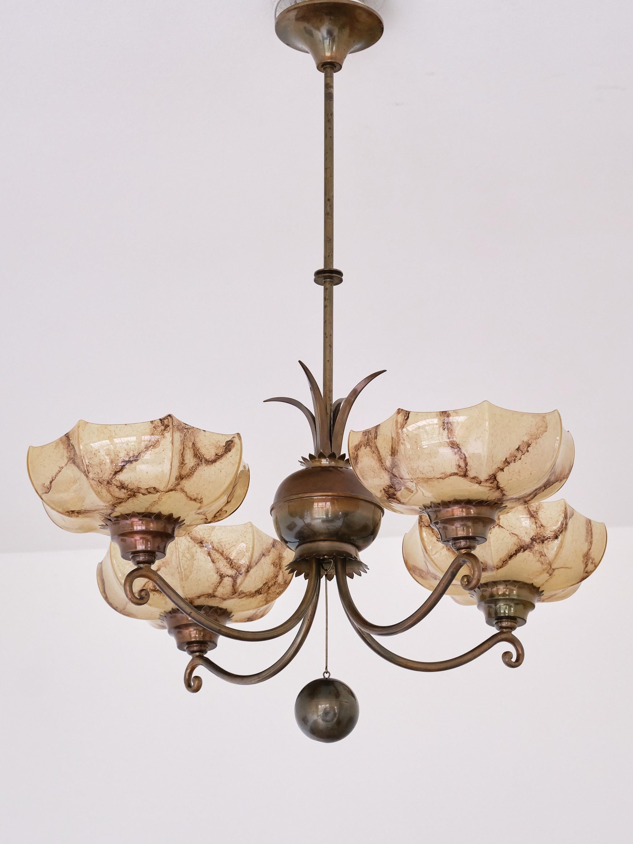 Harald Notini Chandelier in Brass and Marbled Glass, Böhlmarks, Sweden, 1927 For Sale 1