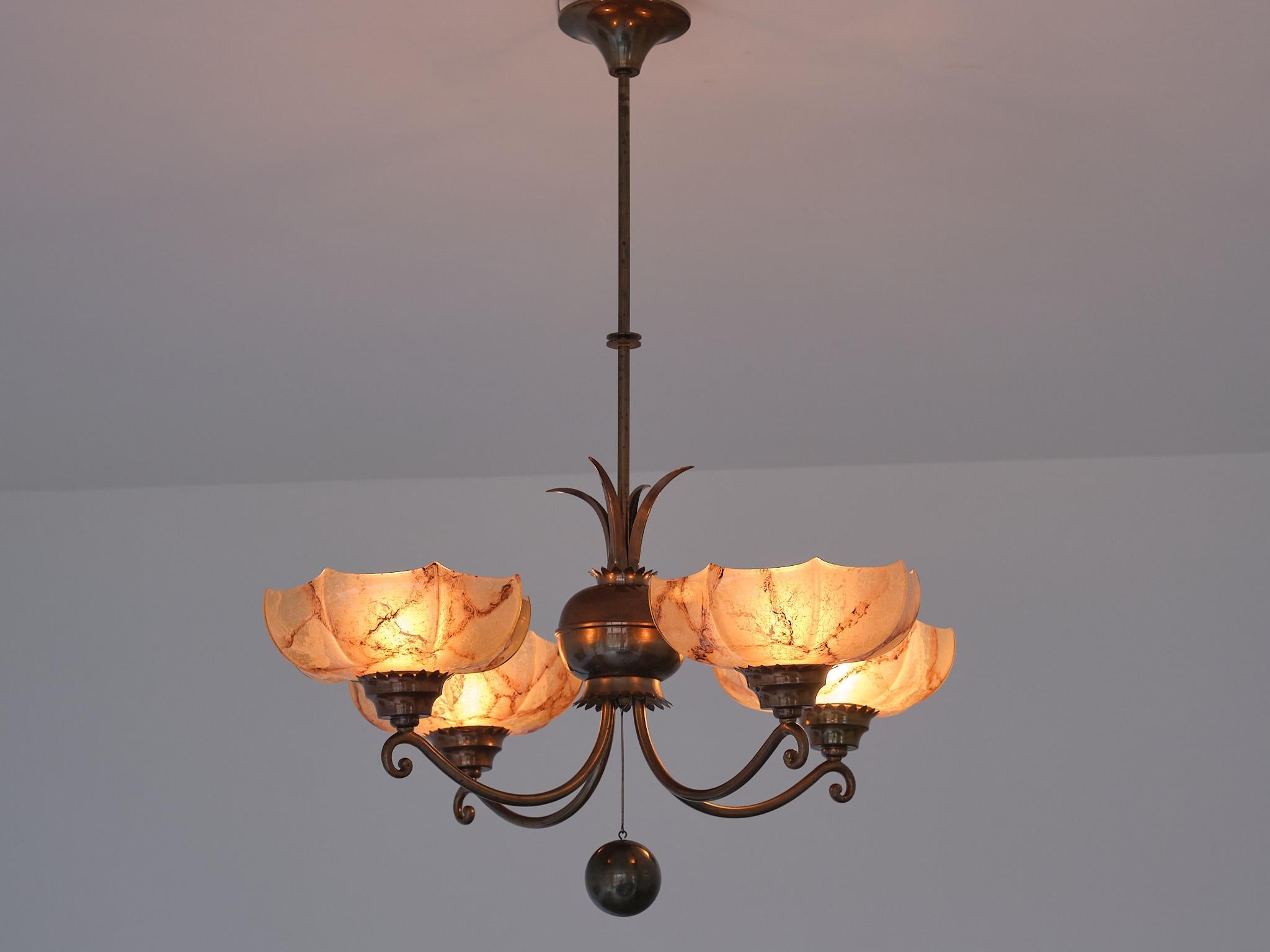 Harald Notini Chandelier in Brass and Marbled Glass, Böhlmarks, Sweden, 1927 For Sale 2