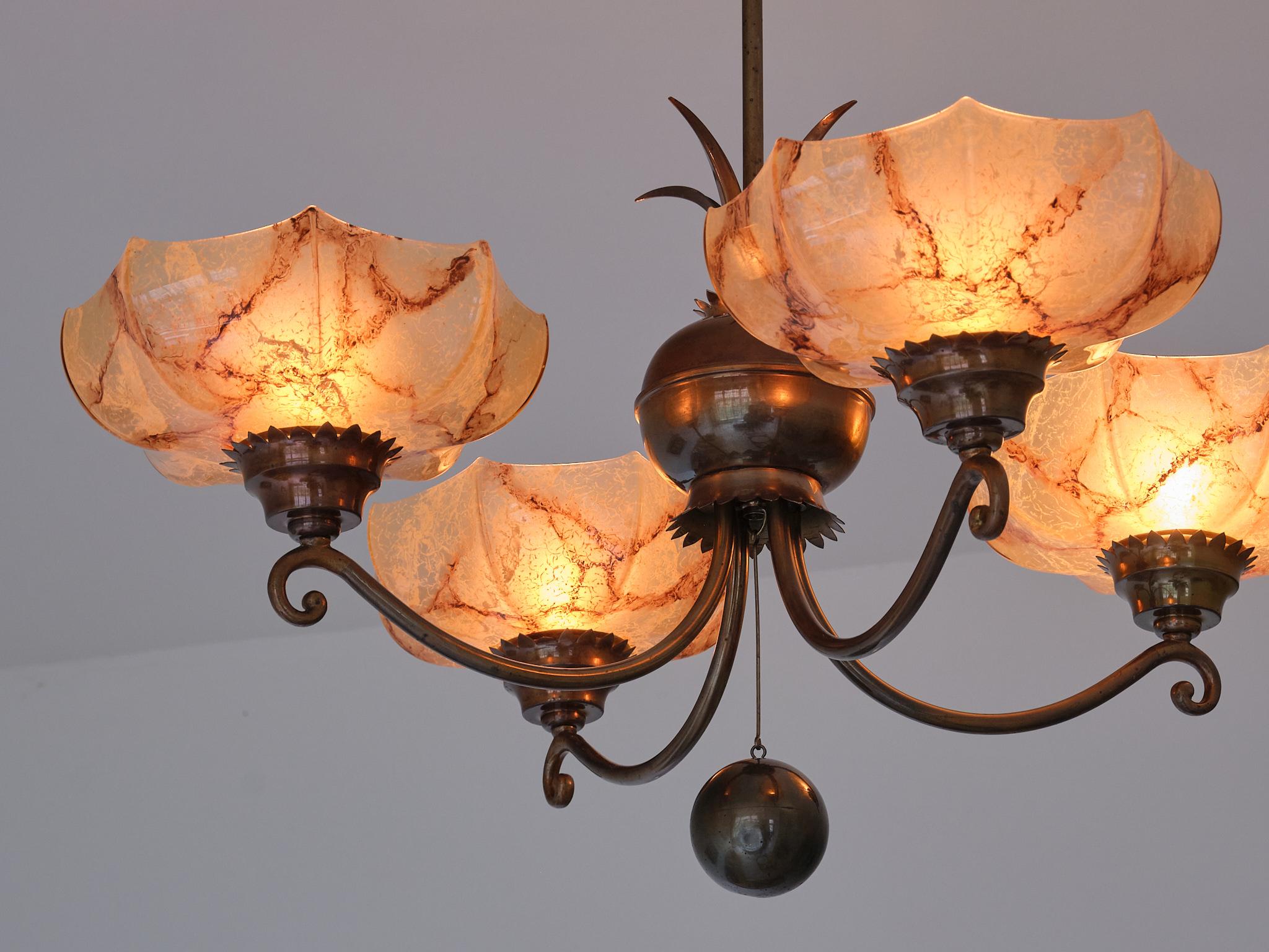 Harald Notini Chandelier in Brass and Marbled Glass, Böhlmarks, Sweden, 1927 For Sale 3