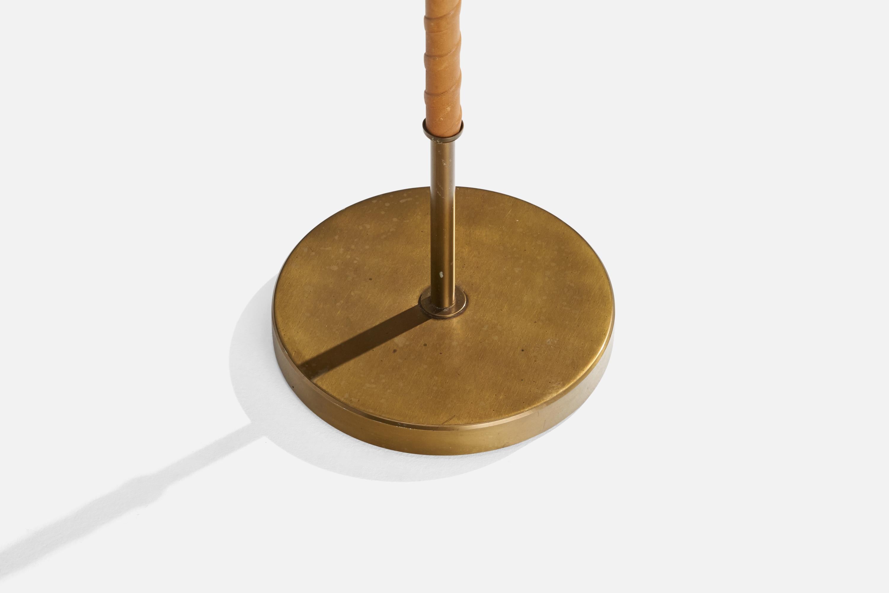Mid-20th Century Harald Notini, Floor Lamp, Brass, Leather, Fabric, Sweden, 1940s For Sale
