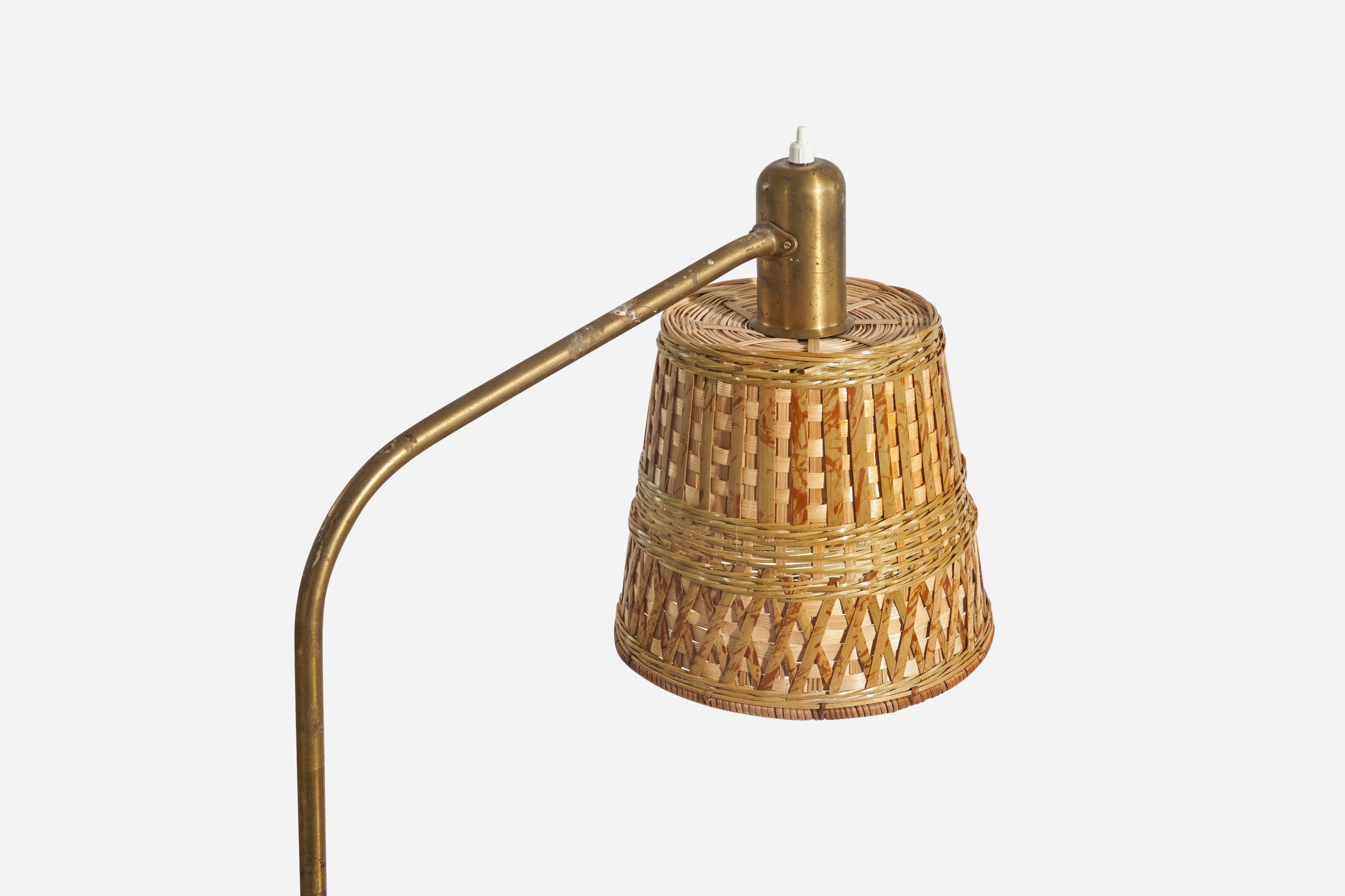 Scandinavian Modern Hans Bergström, Floor Lamp, Brass, Rattan, ASEA, Sweden, 1940s For Sale