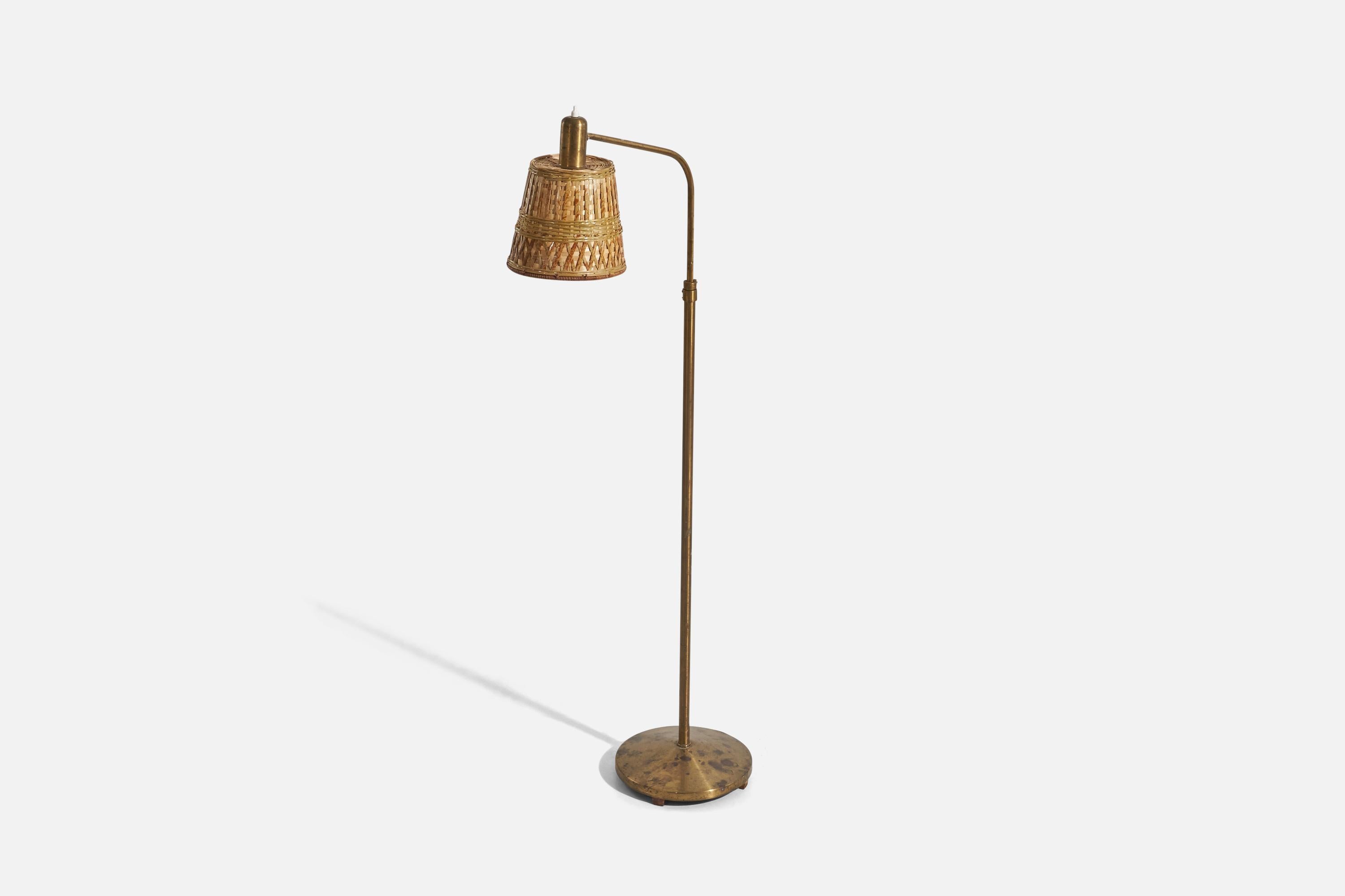 Swedish Hans Bergström, Floor Lamp, Brass, Rattan, ASEA, Sweden, 1940s For Sale