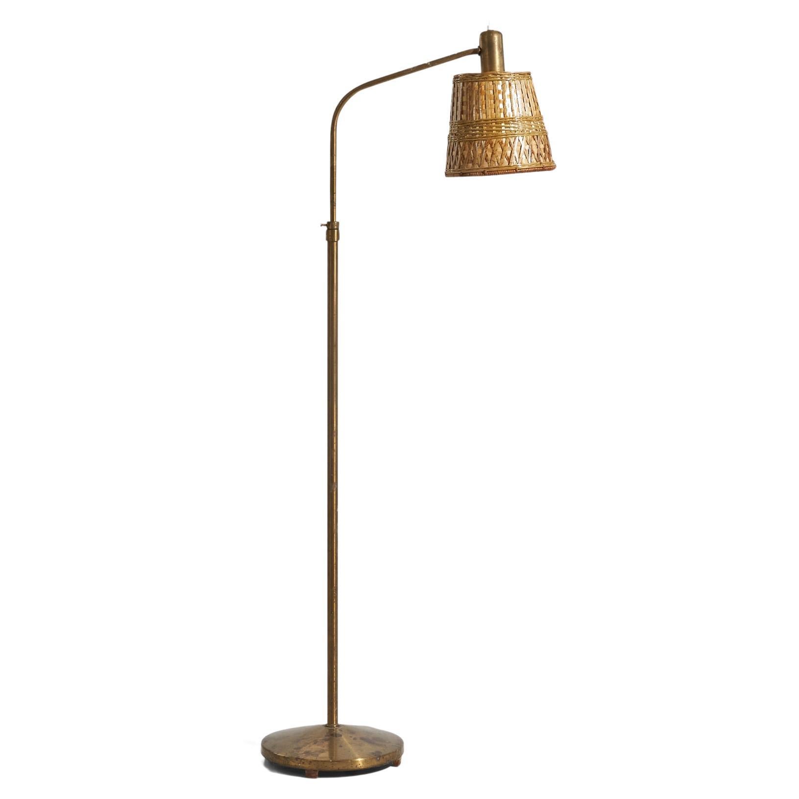 Hans Bergström, Floor Lamp, Brass, Rattan, ASEA, Sweden, 1940s For Sale