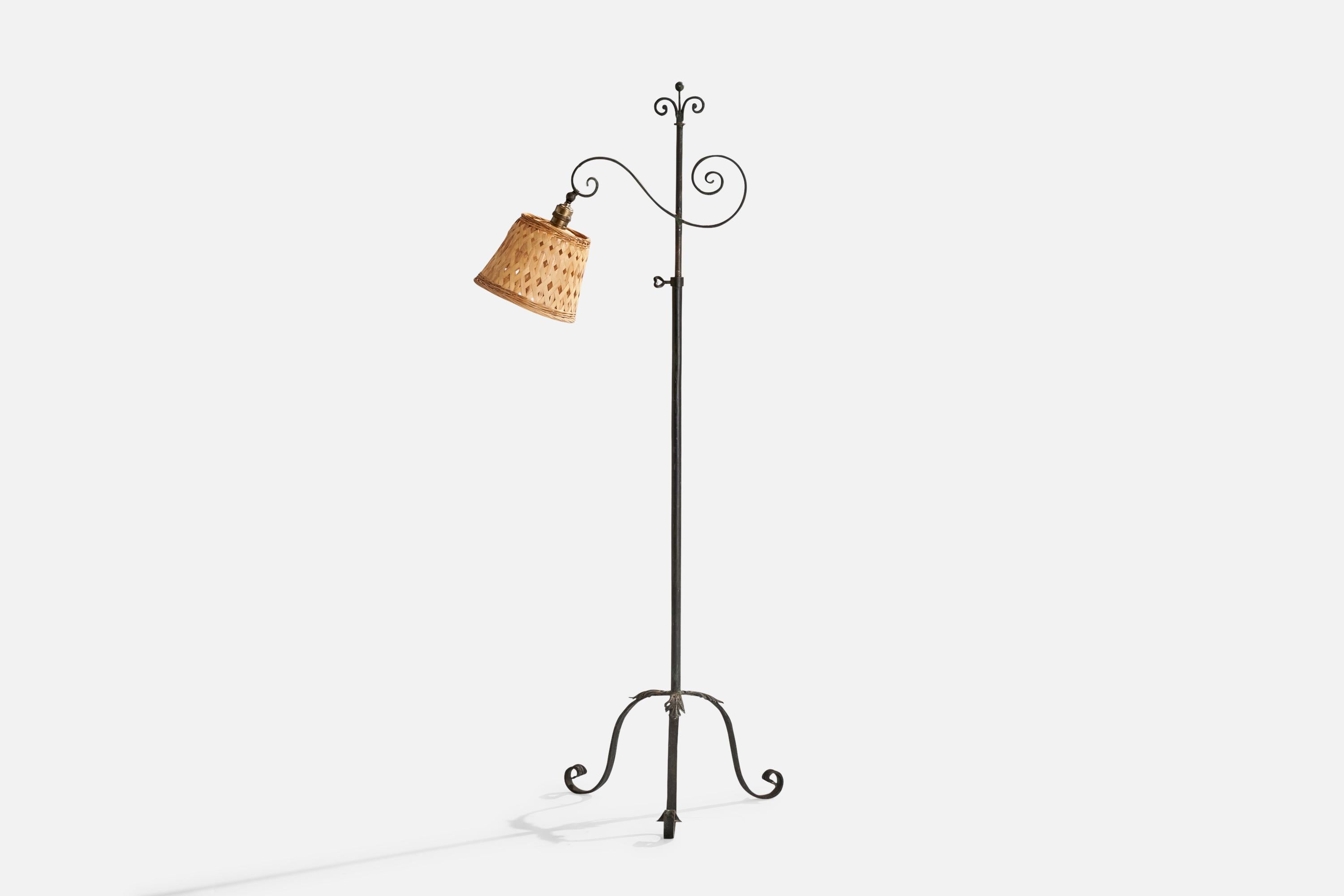 Scandinavian Modern Harald Notini, Floor Lamp, Wrought Iron, Rattan, Sweden, 1930s