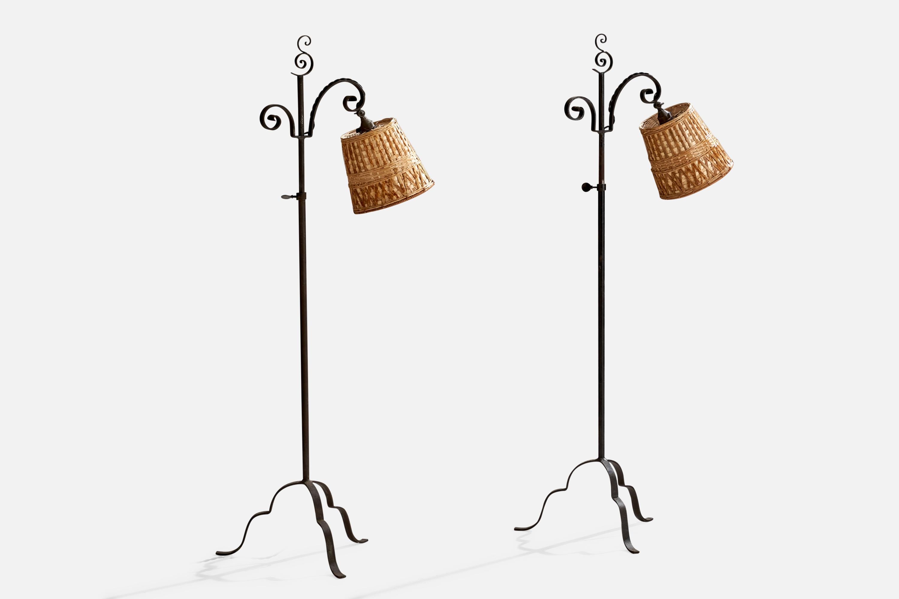 Scandinavian Modern Harald Notini, Floor Lamps, Wrought Iron, Rattan, Sweden, 1930s