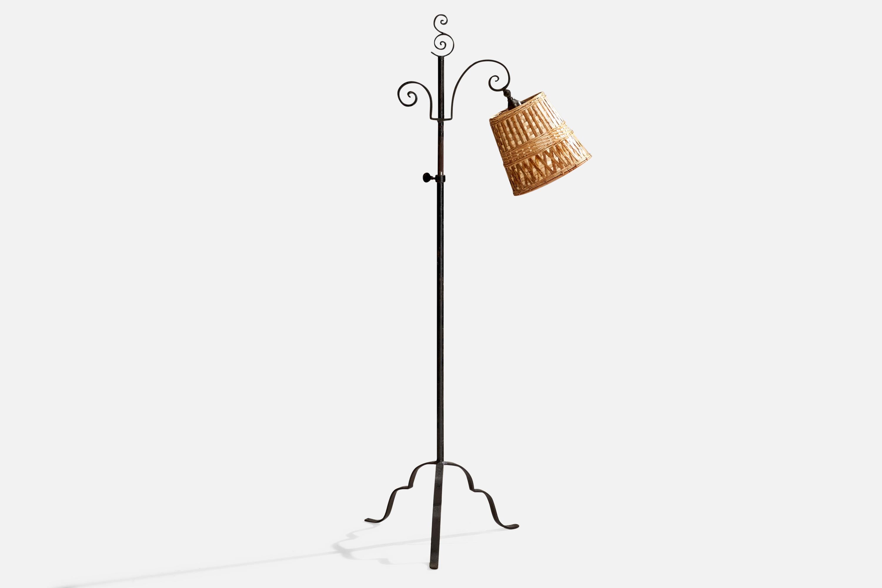 Swedish Harald Notini, Floor Lamps, Wrought Iron, Rattan, Sweden, 1930s