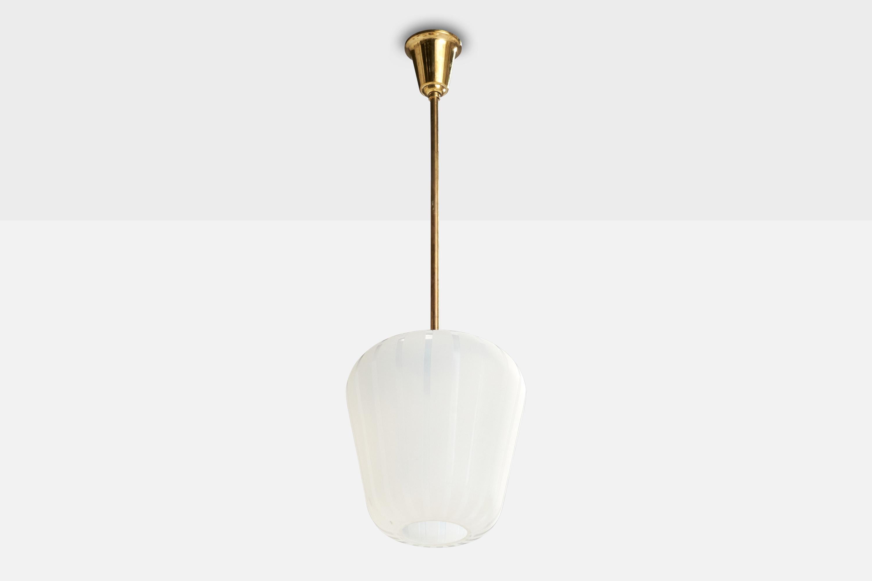 A brass and etched glass pendant light designed by Harald Notini and produced by Arvid Böhlmarks Lamfabrik, Sweden, c. 1940s.

Overall Dimensions (inches): 31.5” H x 10.5” Diameter

Dimensions of Canopy:  3.5” H x 3.5” W x 3.5” D

Stem length: 16”