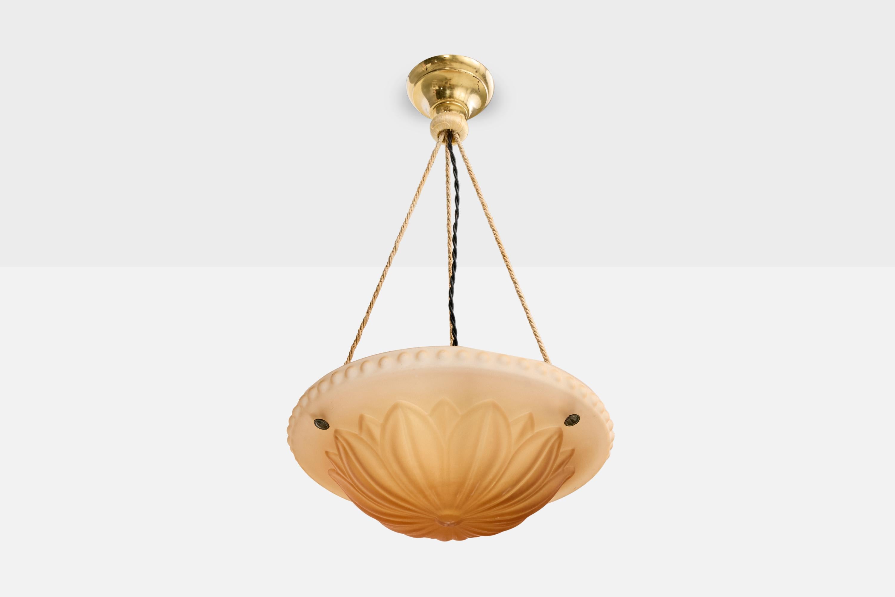 Lampada a sospensione in ottone, corde di tessuto e vetro arancione disegnata da Harald Notini e prodotta da Arvid Böhlmarks Lampfabrik, Svezia, anni '20 circa.

Dimensioni complessive (pollici): 22,0 