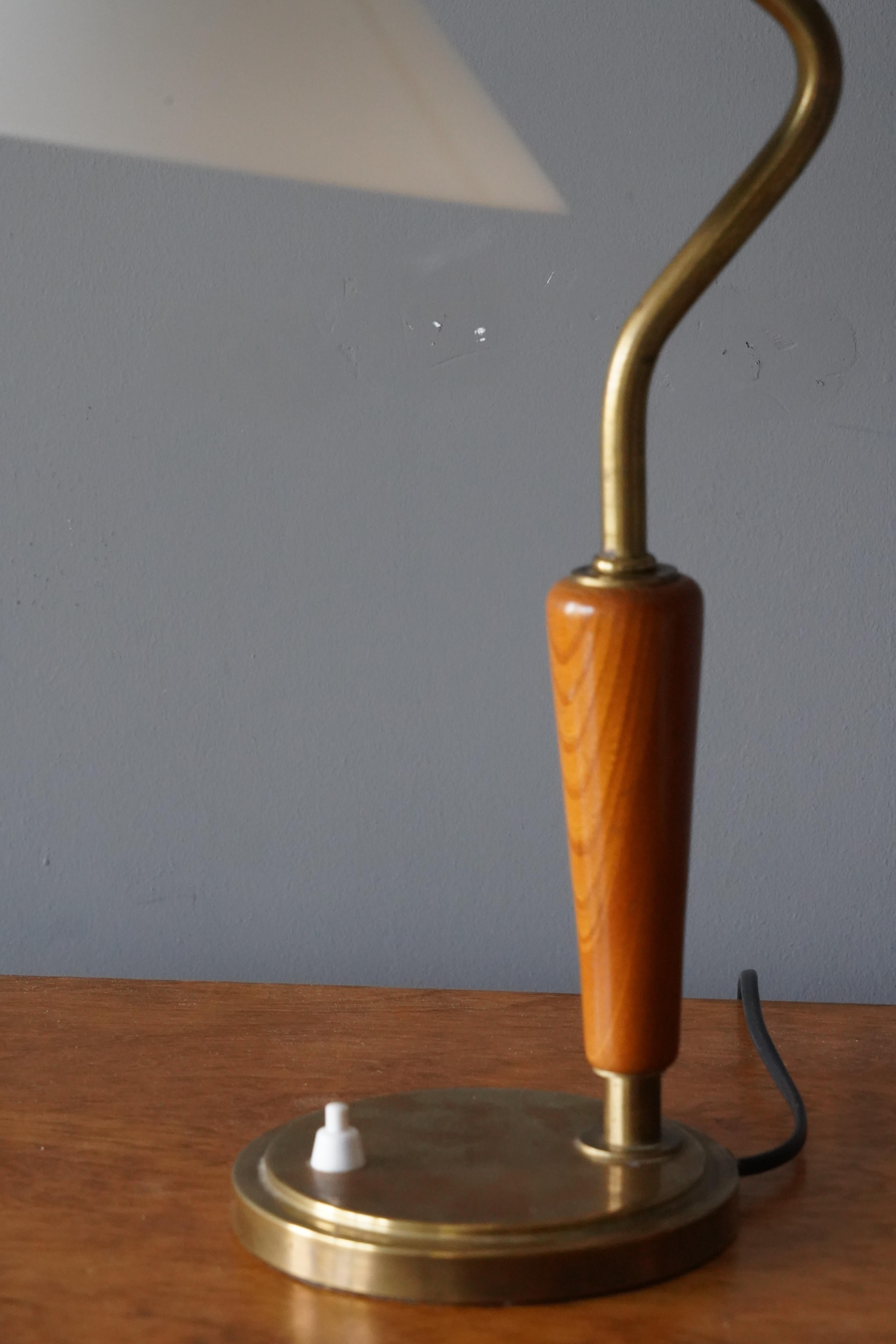 Swedish Harald Notini, Rare Table Lamp, Brass, Milk Glass, Elm, Böhlmarks, Sweden, 1940s