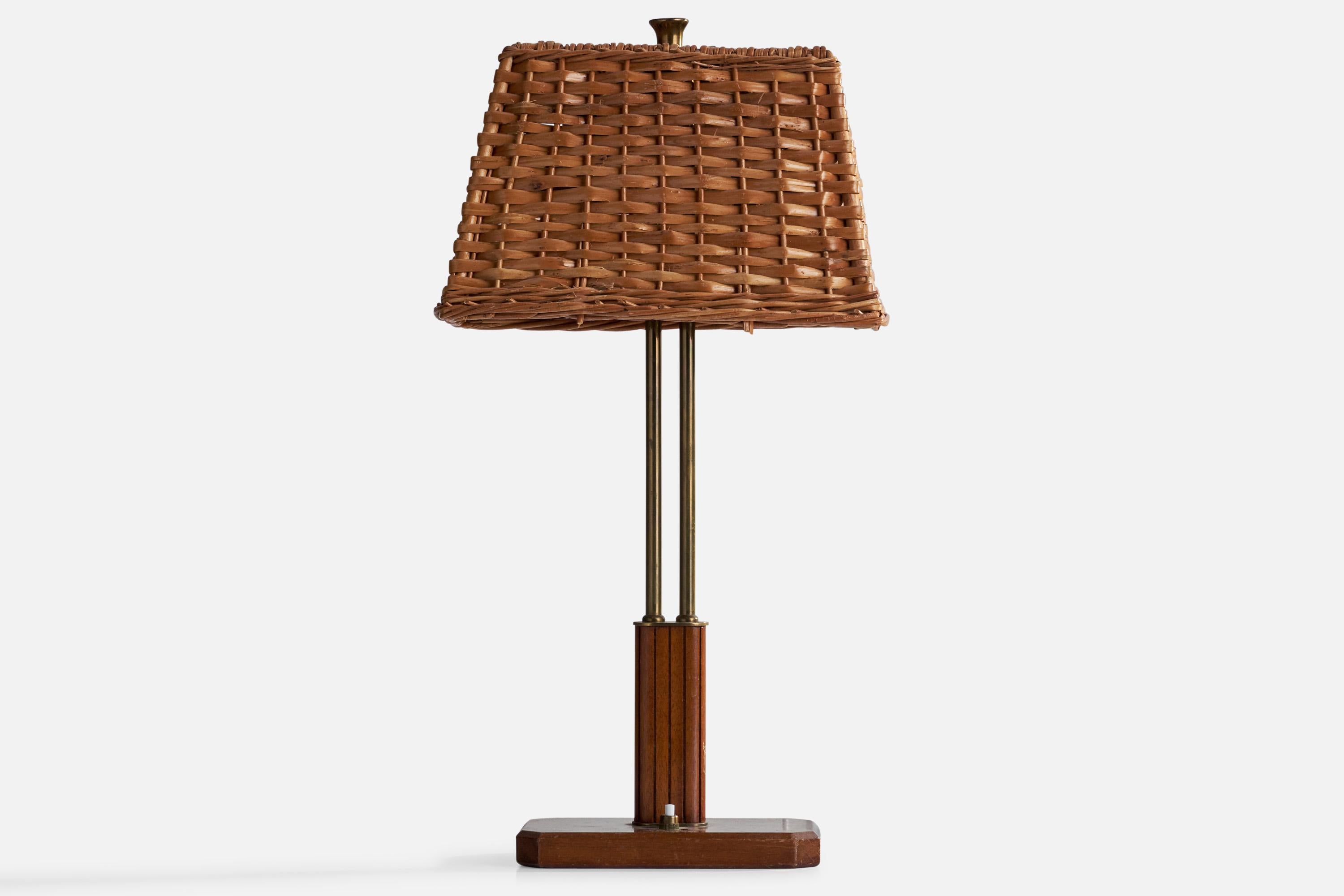 A rare brass, mahogany and rattan table lamp designed by Harald Notini and produced by Böhlmarks, Sweden, 1940s.

Overall Dimensions (inches): 19”  H x 10” W x 6.5” D
Stated dimensions include shade.
Bulb Specifications: E-26 Bulb
Number of Sockets: