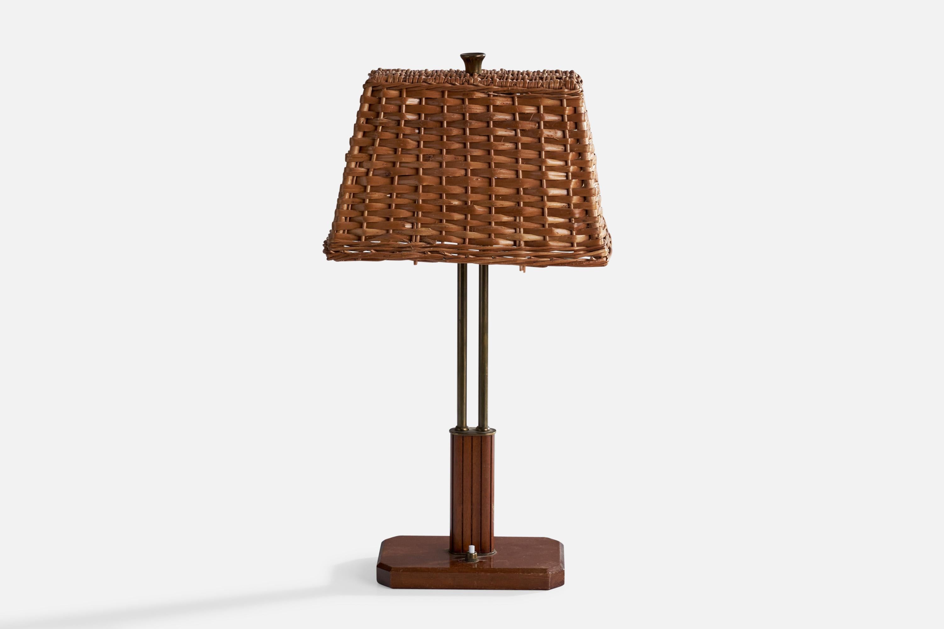 Scandinavian Modern Harald Notini, Table Lamp, Brass, Mahogany, Rattan, Sweden, 1940s For Sale