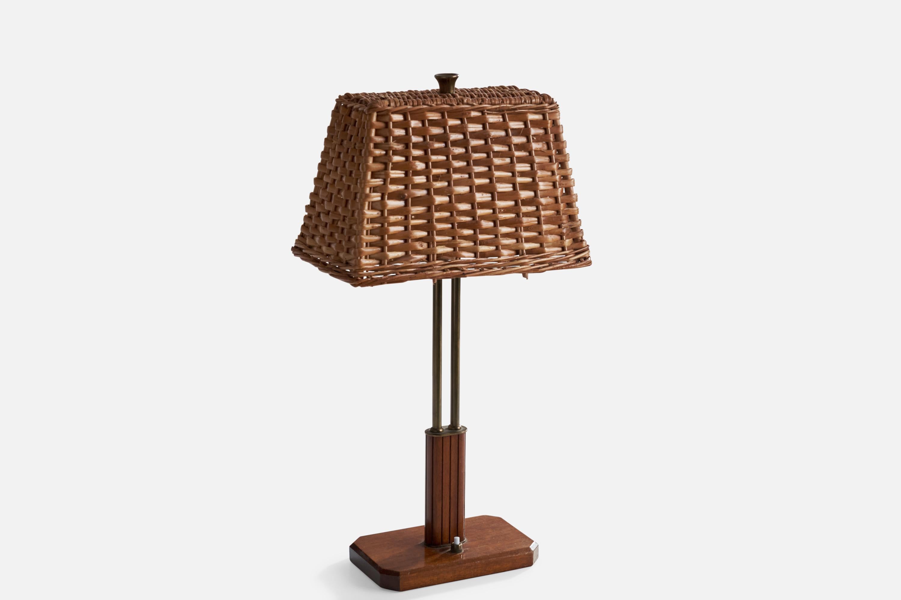 Swedish Harald Notini, Table Lamp, Brass, Mahogany, Rattan, Sweden, 1940s For Sale