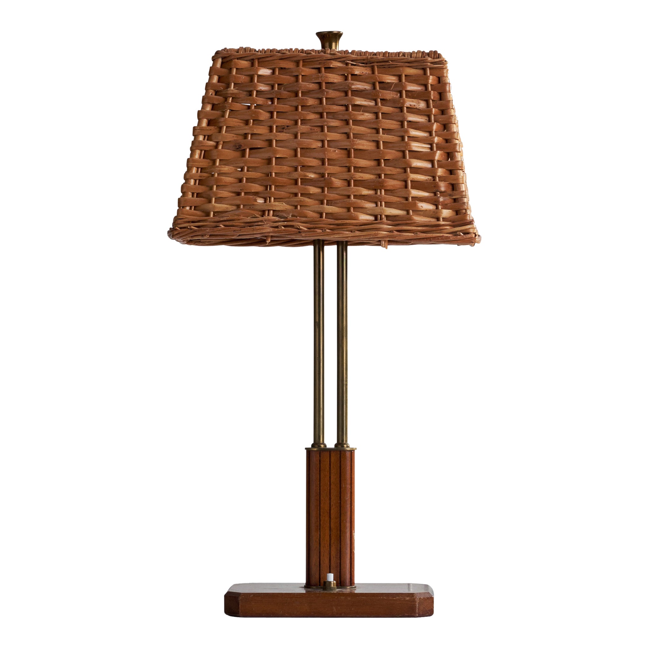Harald Notini, Tischlampe, Messing, Mahagoni, Rattan, Schweden, 1940er Jahre im Angebot