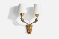 Harald Notini, Wall Light, Brass, Elm, Fabric, Sweden, 1950s