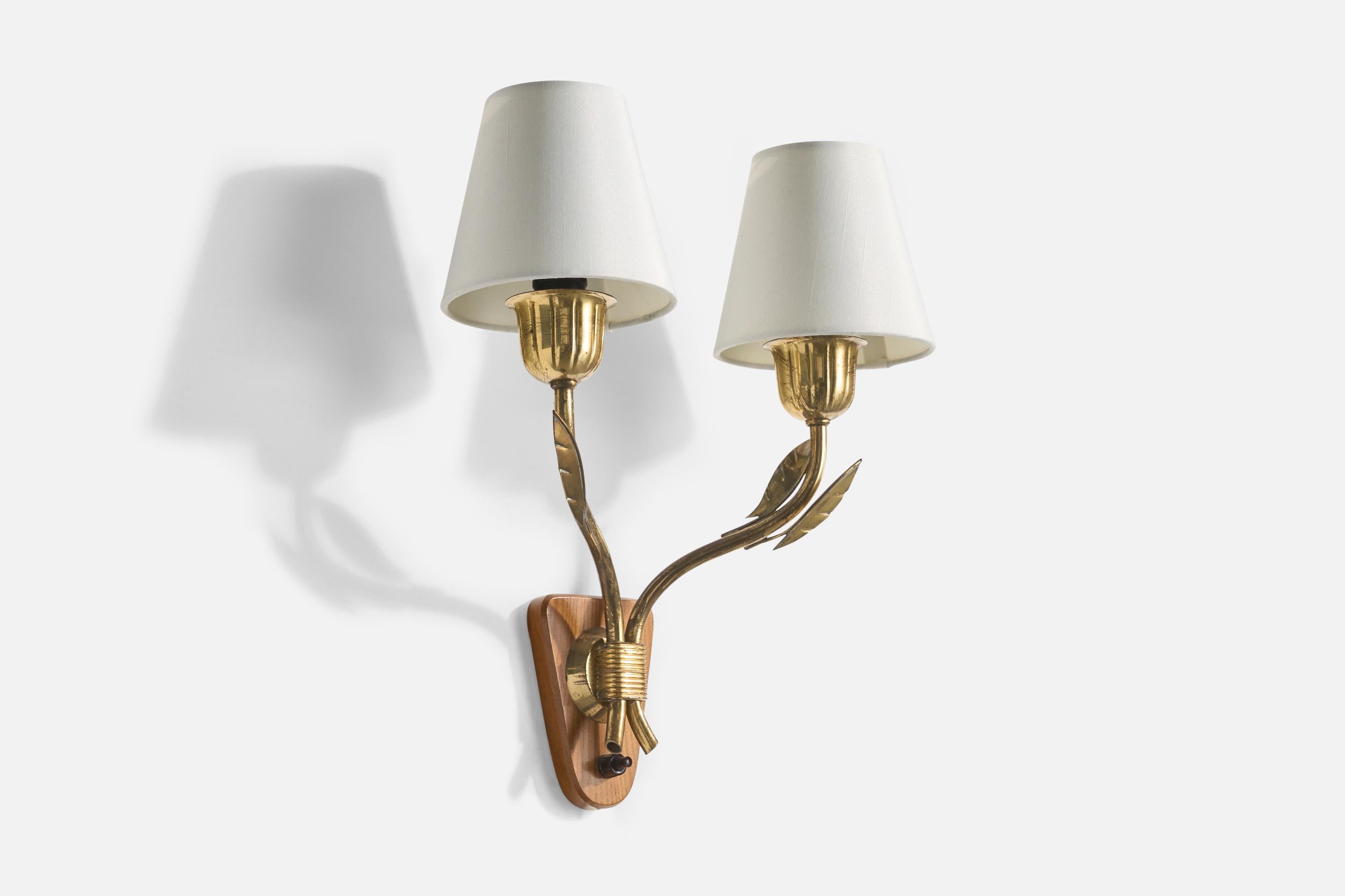 Mid-Century Modern Harald Notini, applique murale, laiton, orme, tissu, Suède, années 1950 en vente