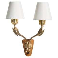 Harald Notini, Wall Light, Brass, Elm, Fabric, Sweden, 1950s