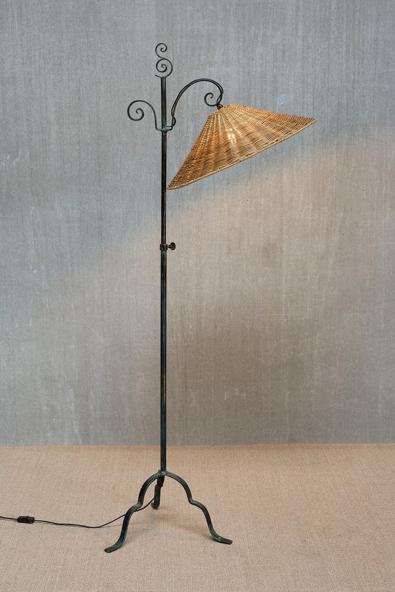 Harald Notini Wrought Iron Floor Lamp, Rattan Shade, Böhlmarks, Sweden,  1930s, image size:768x1152