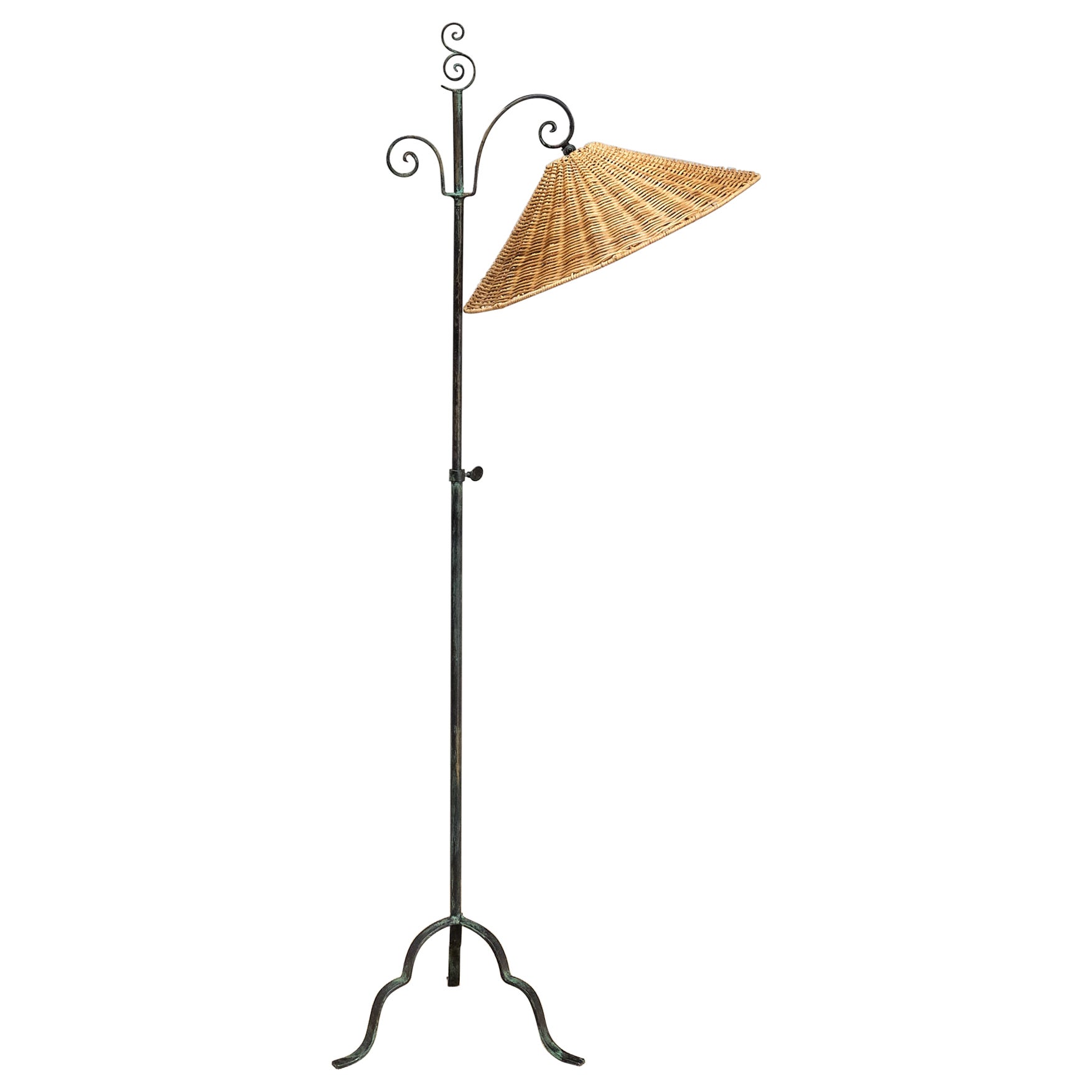 Harald Notini Wrought Iron Floor Lamp, Rattan Shade, Böhlmarks, Sweden, 1930s