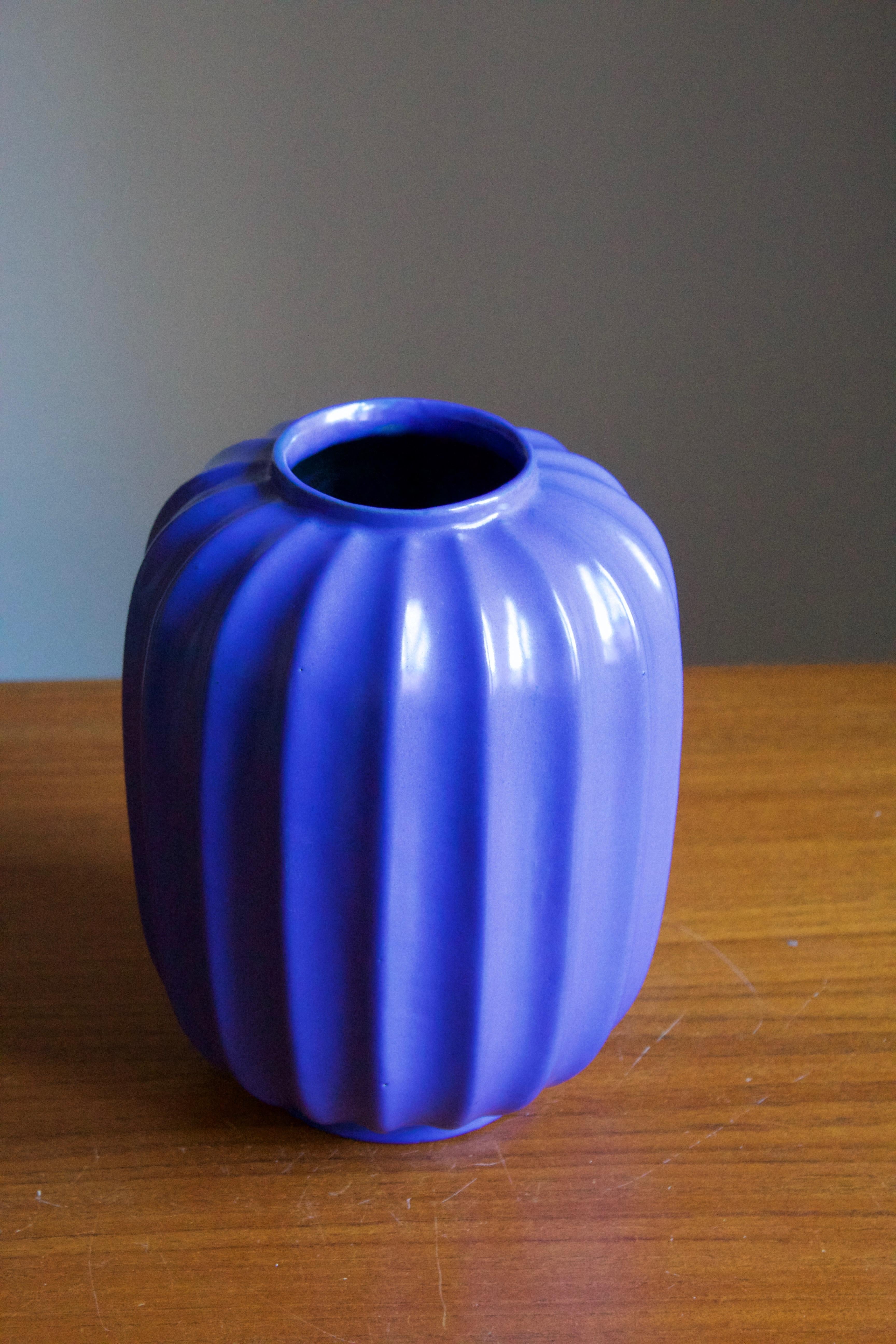 Art Deco Harald Östergren, Vase, Blue Glazed Earthenware, Upsala-Ekeby, Sweden, 1940s