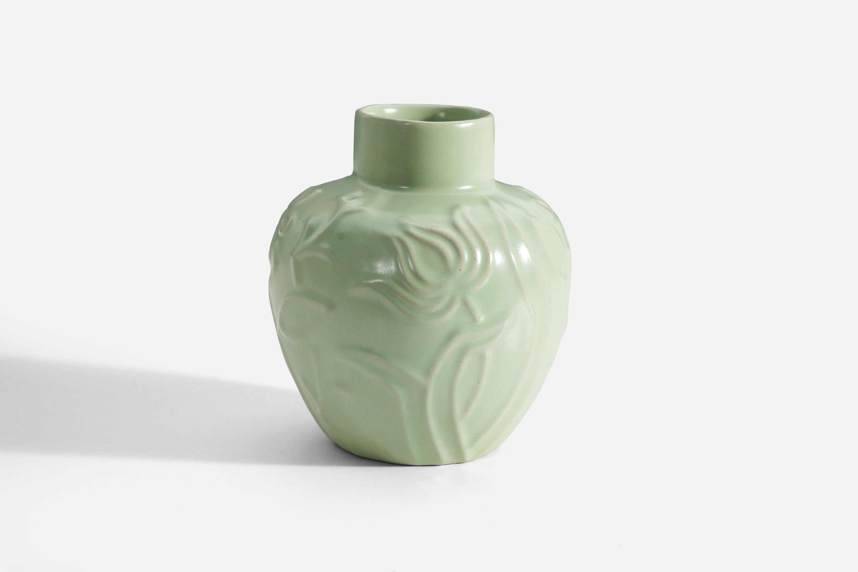 Art Deco Harald Östergren, Vase, Green-Glazed Earthenware, Upsala-Ekeby, Sweden, 1930s For Sale