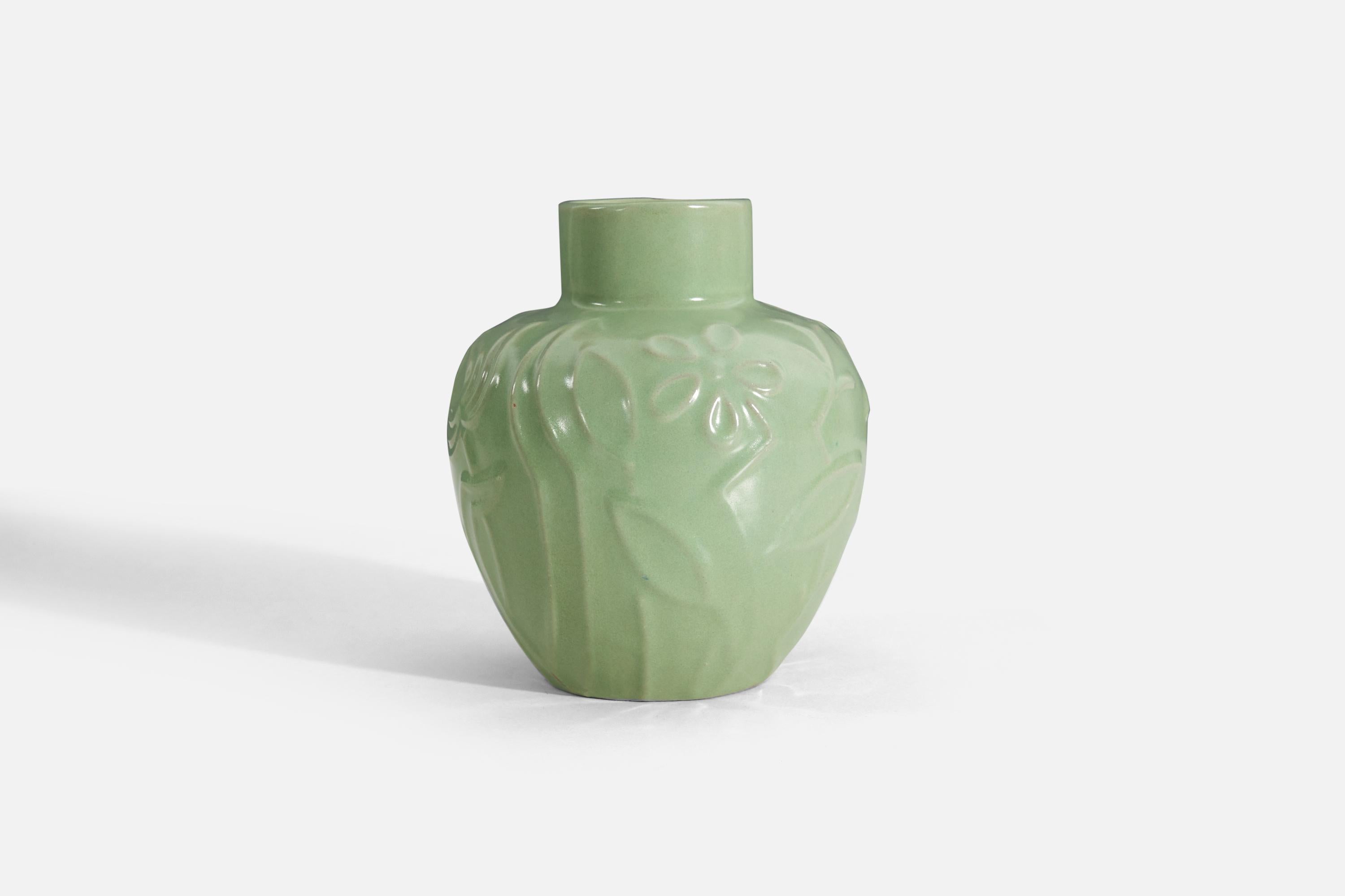 Art Deco Harald Östergren, Vase, Green-Glazed Earthenware, Upsala-Ekeby, Sweden, 1930s For Sale