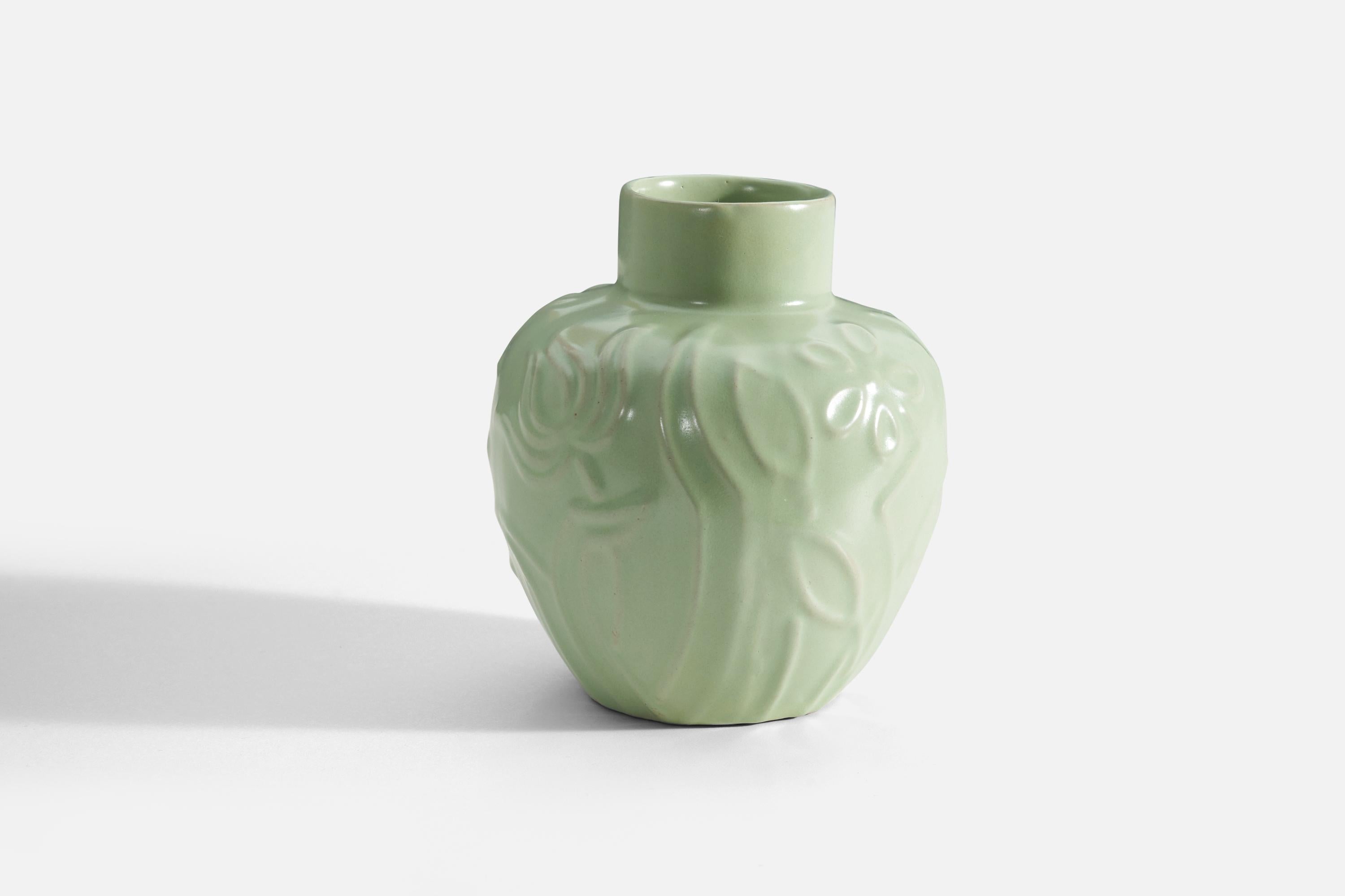 Swedish Harald Östergren, Vase, Green-Glazed Earthenware, Upsala-Ekeby, Sweden, 1930s For Sale