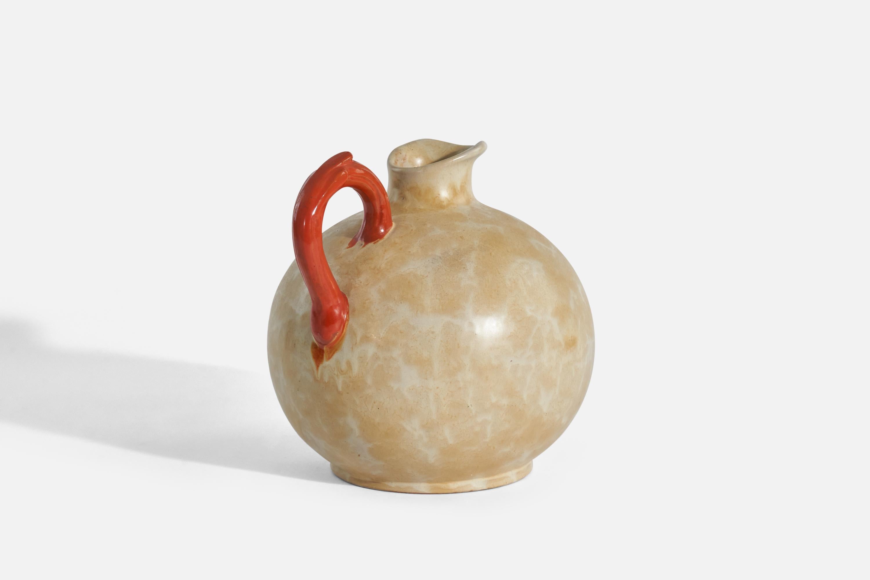 A beige and red, glazed earthenware vase designed by Harald Östergren and produced by Upsala-Ekeby, Sweden, c. 1930s. 
