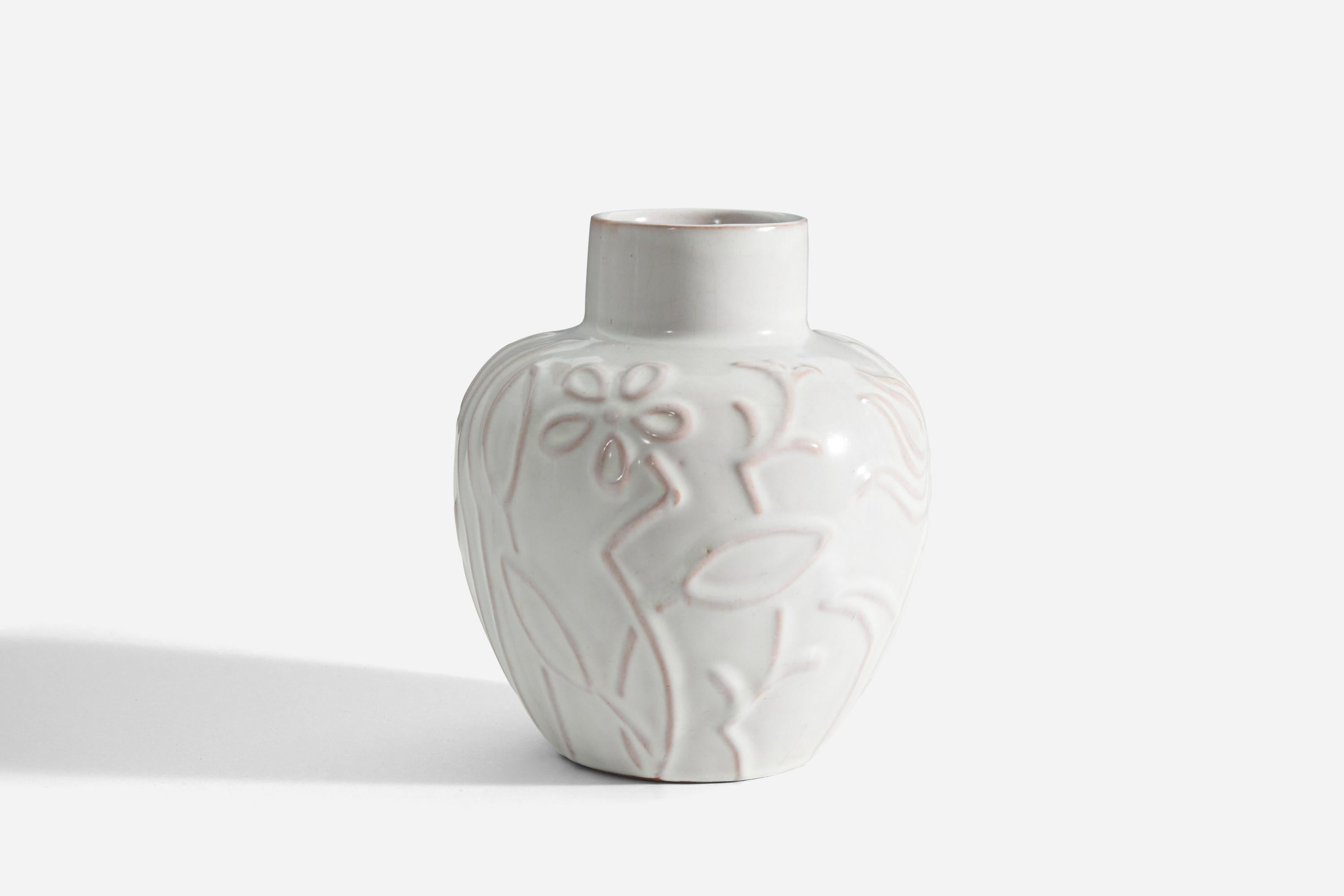 Art Deco Harald Östergren, Vase, White Glazed Earthenware, Upsala-Ekeby, Sweden, 1930s For Sale