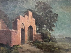 Harald Pryhn (1881-1968) antique oil painting of arched brick church entrance