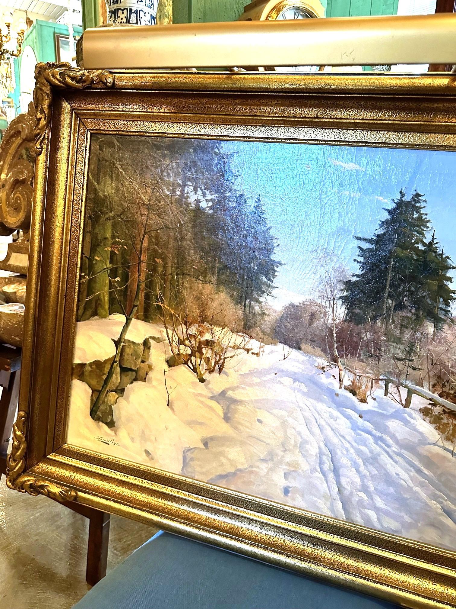 Harald Pryhn Scena di neve invernale Strada di campagna Pittura danese olio su tela con cornice in vendita 3