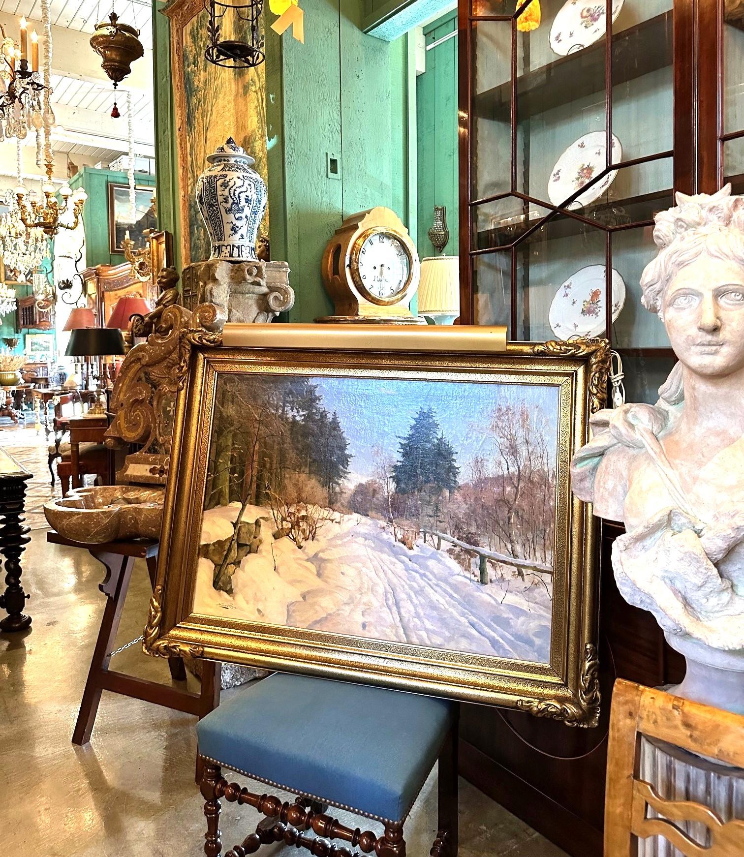 Harald Pryhn Scena di neve invernale Strada di campagna Pittura danese olio su tela con cornice in vendita 9