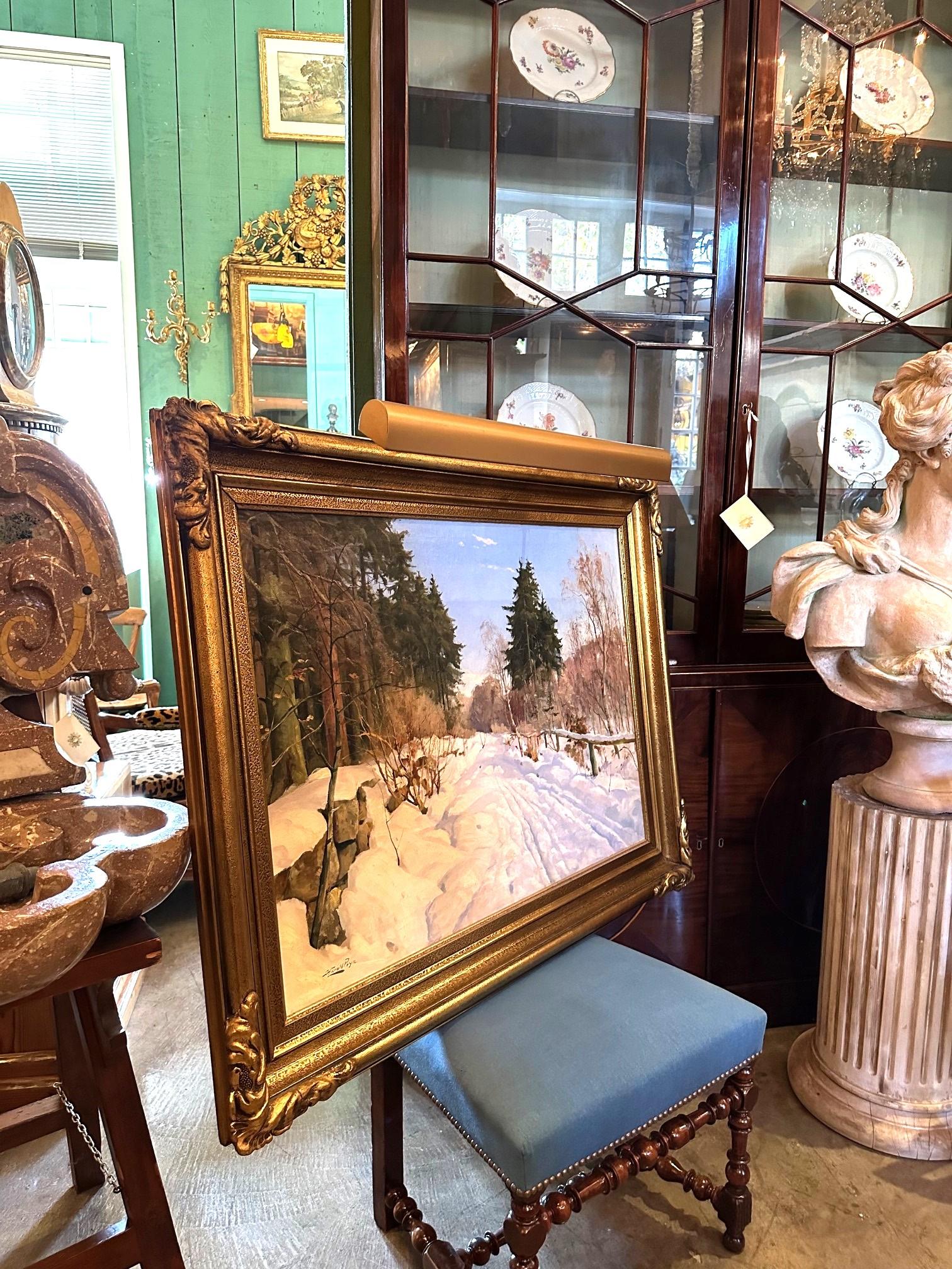 Harald Pryhn Scena di neve invernale Strada di campagna Pittura danese olio su tela con cornice in vendita 10