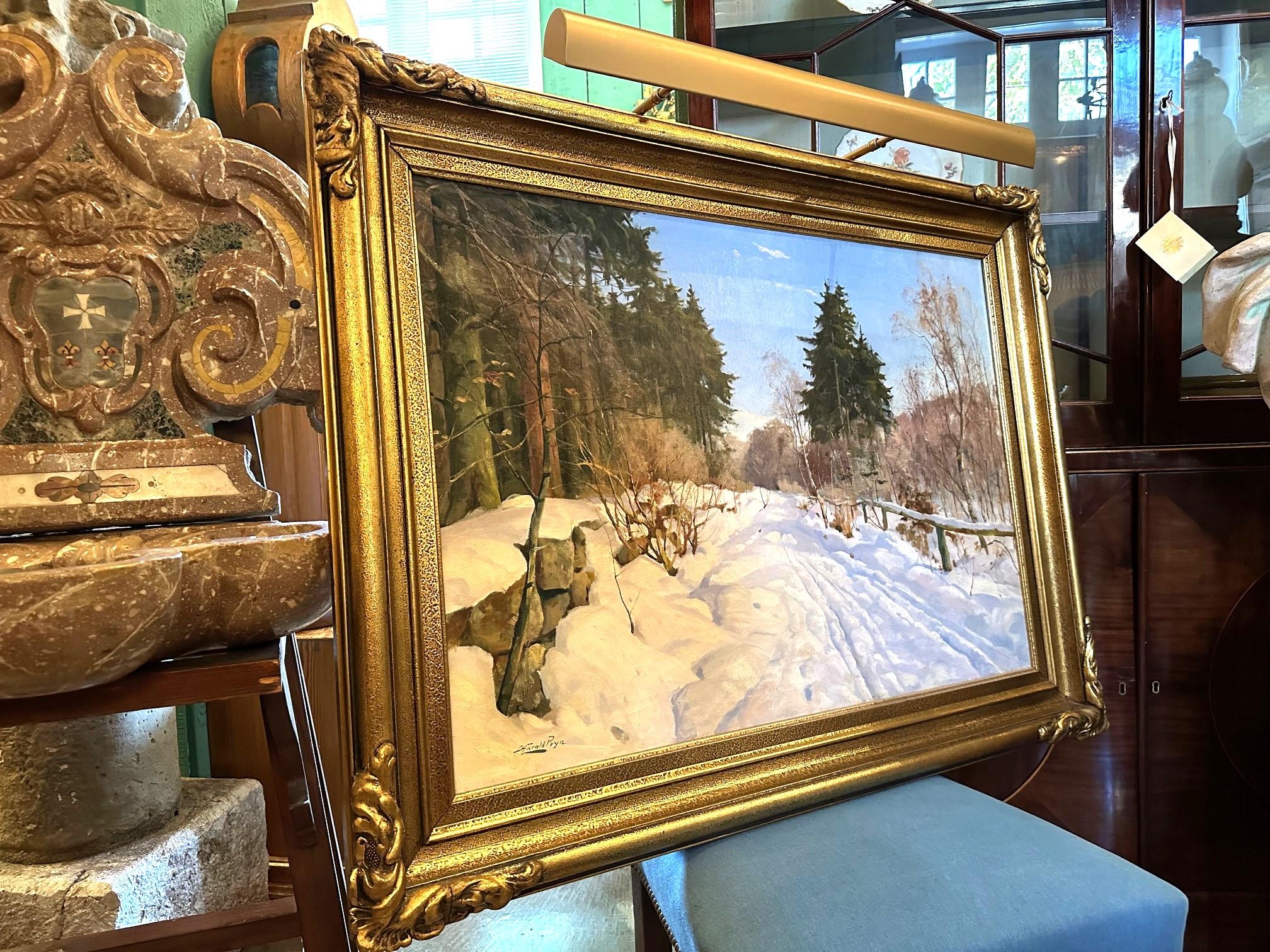 Harald Pryhn Scena di neve invernale Strada di campagna Pittura danese olio su tela con cornice in vendita 11