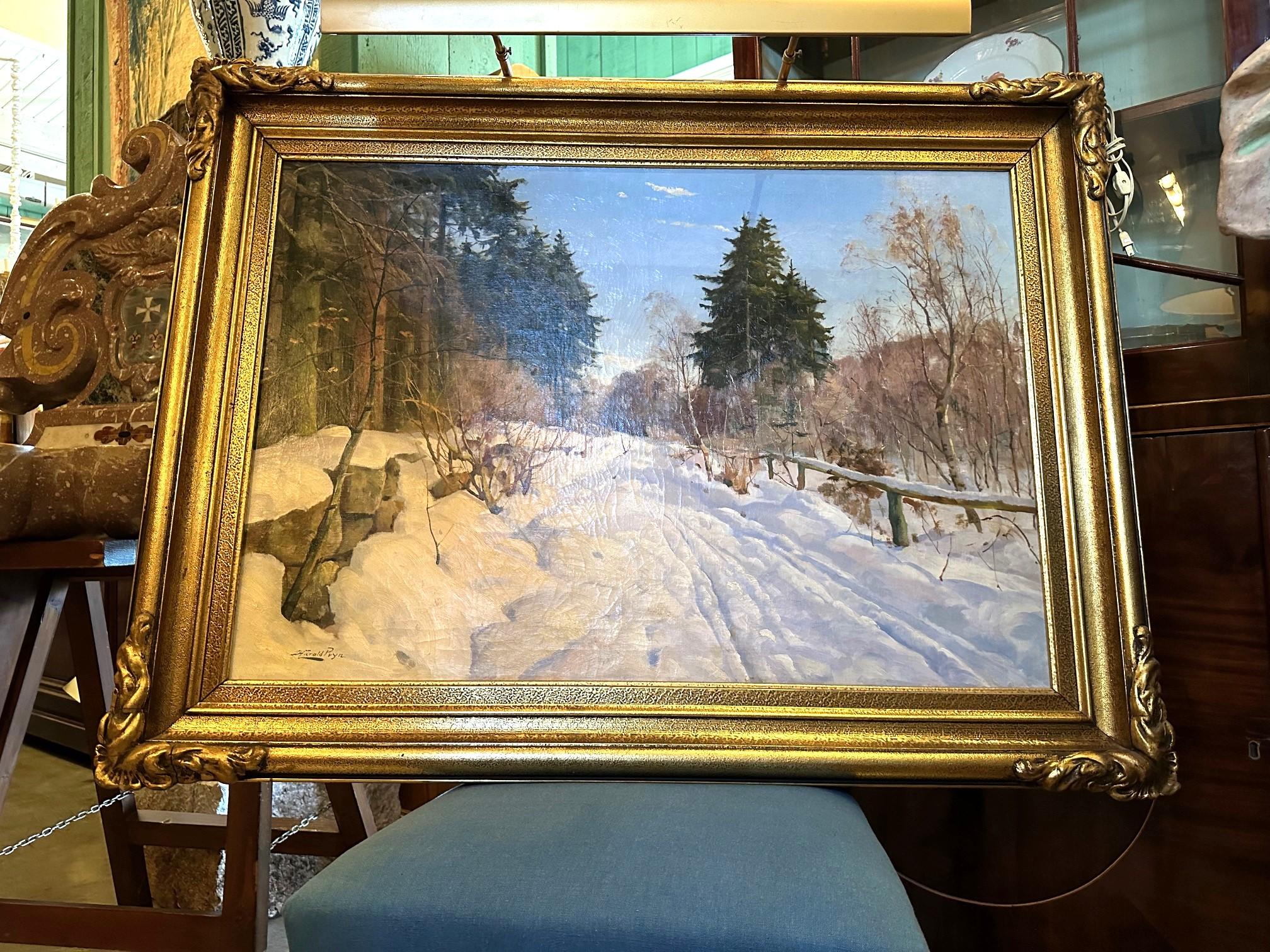 Harald Pryhn Scena di neve invernale Strada di campagna Pittura danese olio su tela con cornice in vendita 12