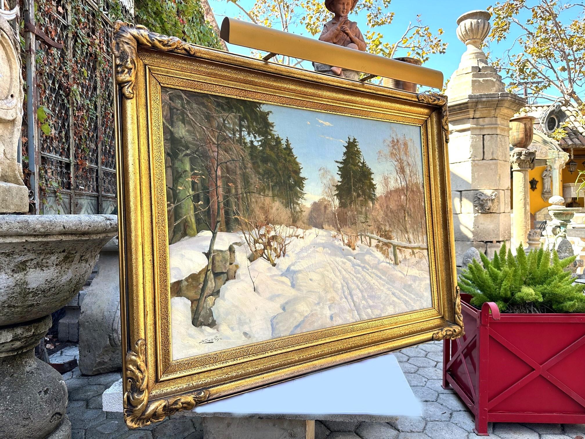 Harald Pryhn Scena di neve invernale Strada di campagna Pittura danese olio su tela con cornice. Opera d'arte molto grande, Paesaggio invernale Scena di neve firmata olio su tela - Harald Julius Niels Pryn, danese, 1891-1968, un paesaggio invernale