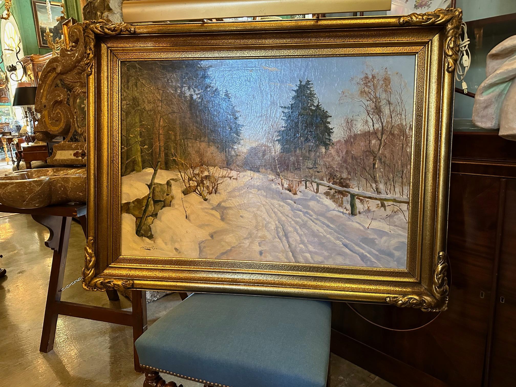 Harald Pryhn Scena di neve invernale Strada di campagna Pittura danese olio su tela con cornice in vendita 13