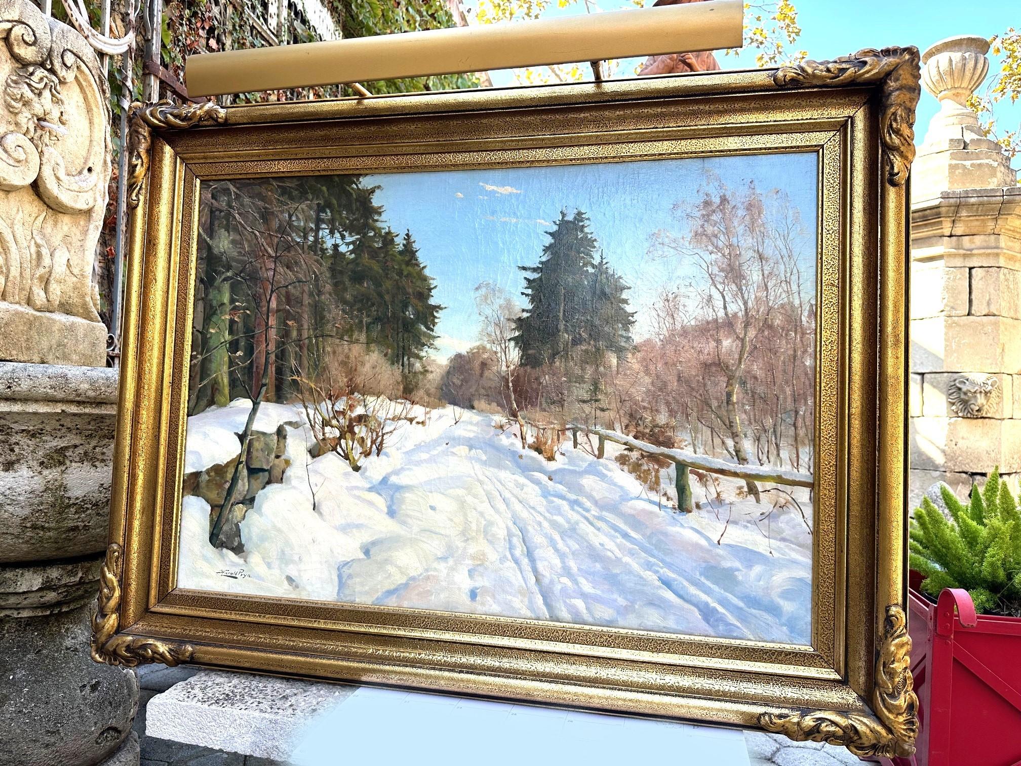 Europeo Harald Pryhn Scena di neve invernale Strada di campagna Pittura danese olio su tela con cornice in vendita