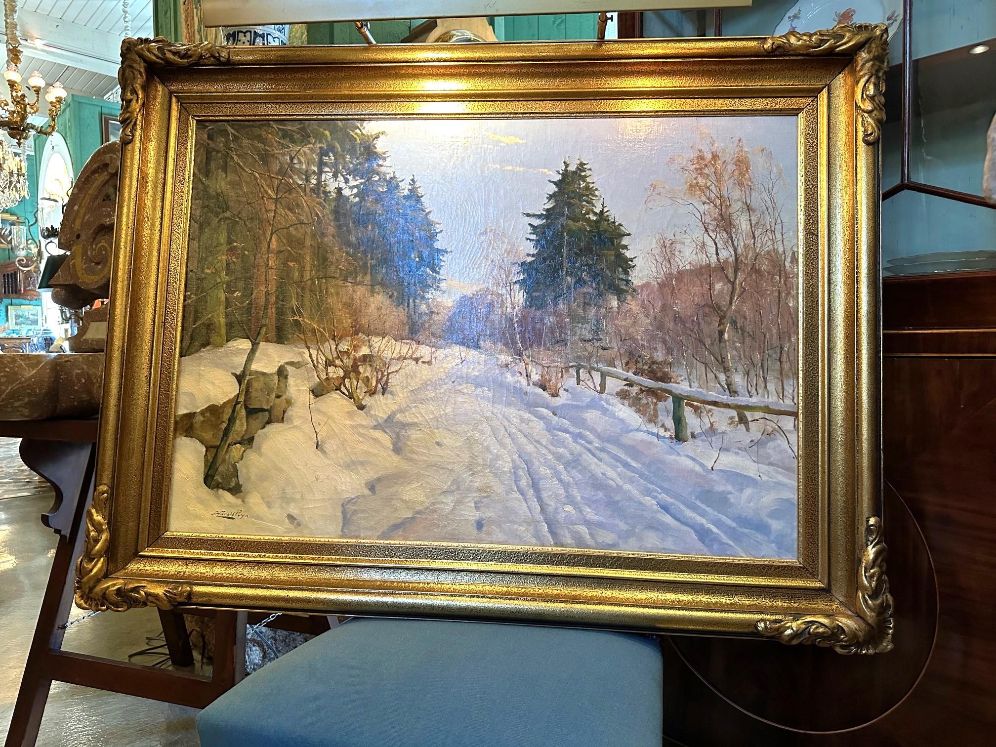Intagliato a mano Harald Pryhn Scena di neve invernale Strada di campagna Pittura danese olio su tela con cornice in vendita