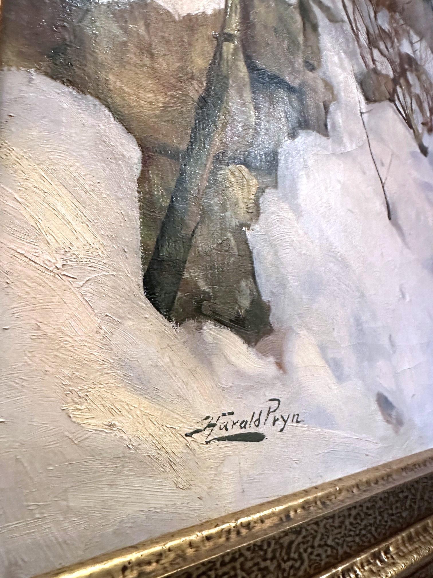 Harald Pryhn Scena di neve invernale Strada di campagna Pittura danese olio su tela con cornice In condizioni buone in vendita a West Hollywood, CA