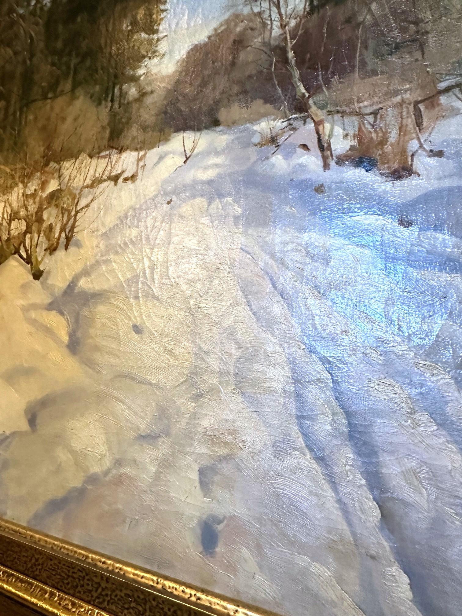 XX secolo Harald Pryhn Scena di neve invernale Strada di campagna Pittura danese olio su tela con cornice in vendita