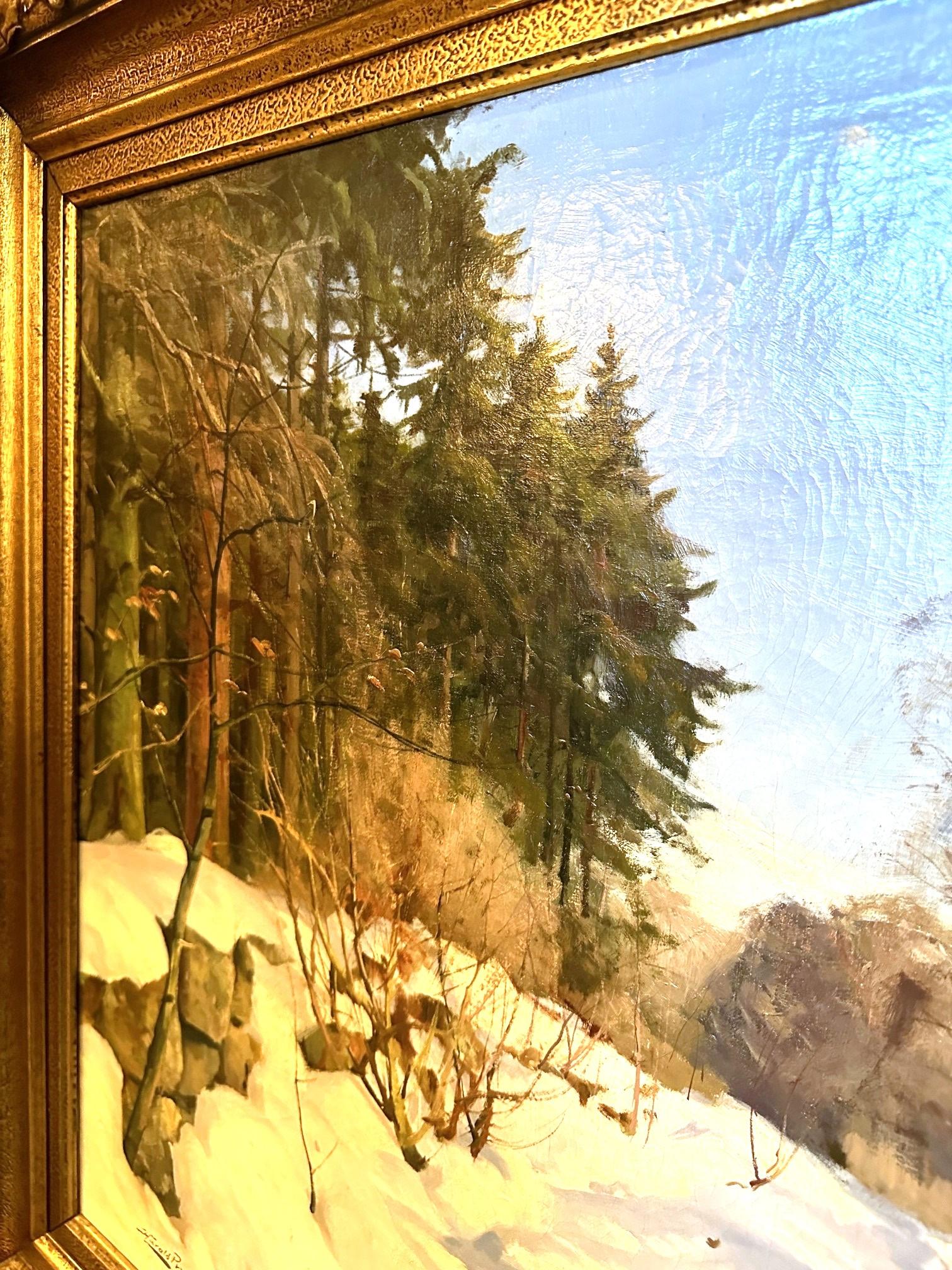 Harald Pryhn Scena di neve invernale Strada di campagna Pittura danese olio su tela con cornice in vendita 1