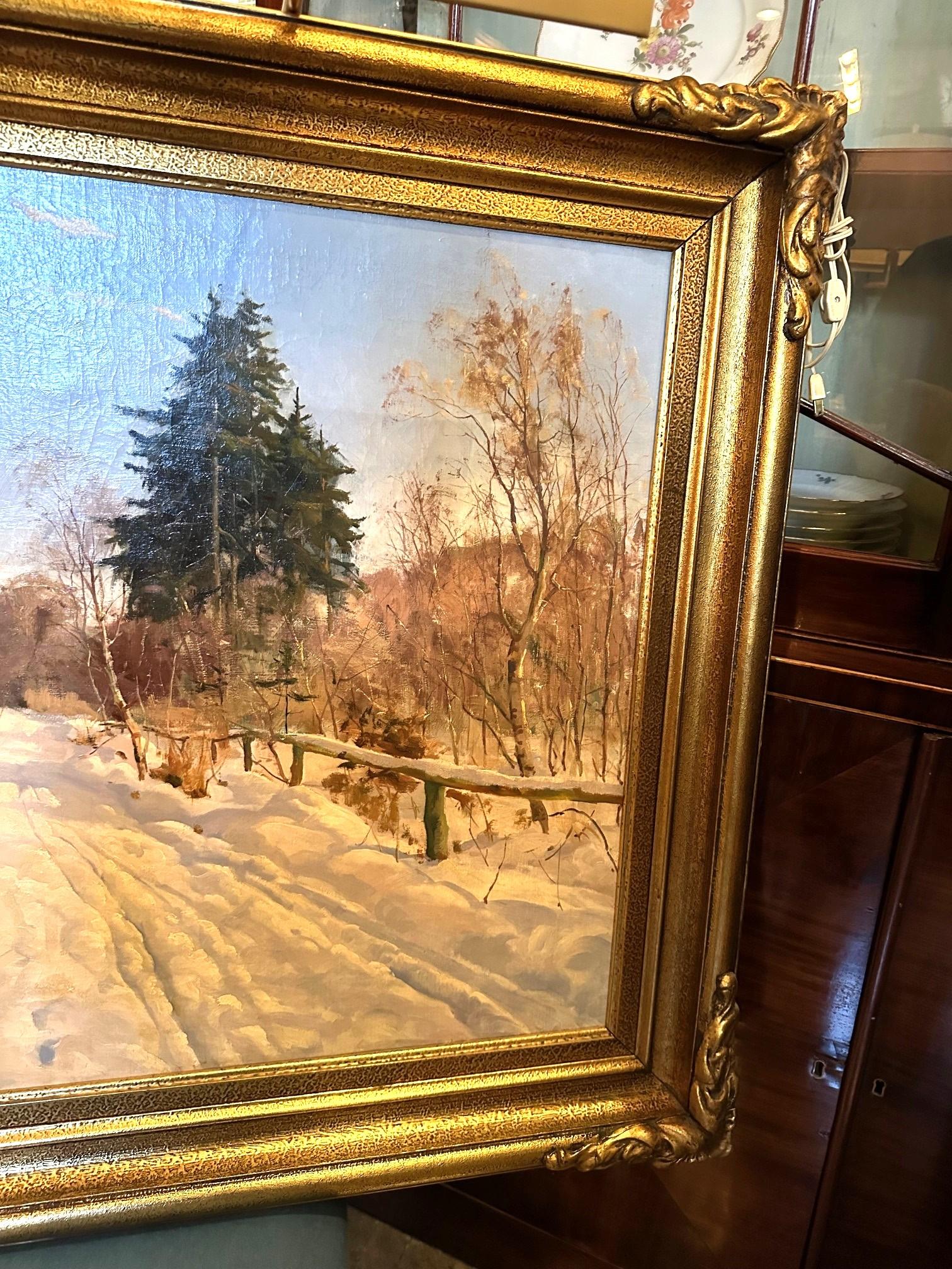 Harald Pryhn Scena di neve invernale Strada di campagna Pittura danese olio su tela con cornice in vendita 2