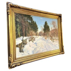 Harald Pryhn Scena di neve invernale Strada di campagna Pittura danese olio su tela con cornice