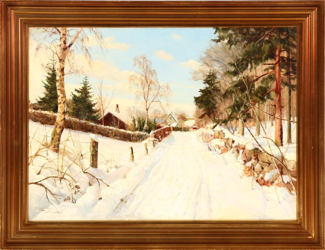 Hand-Painted Harald Pryn a Winter Landscape, Signed Harald Pryn, Skovbrynet. For Sale