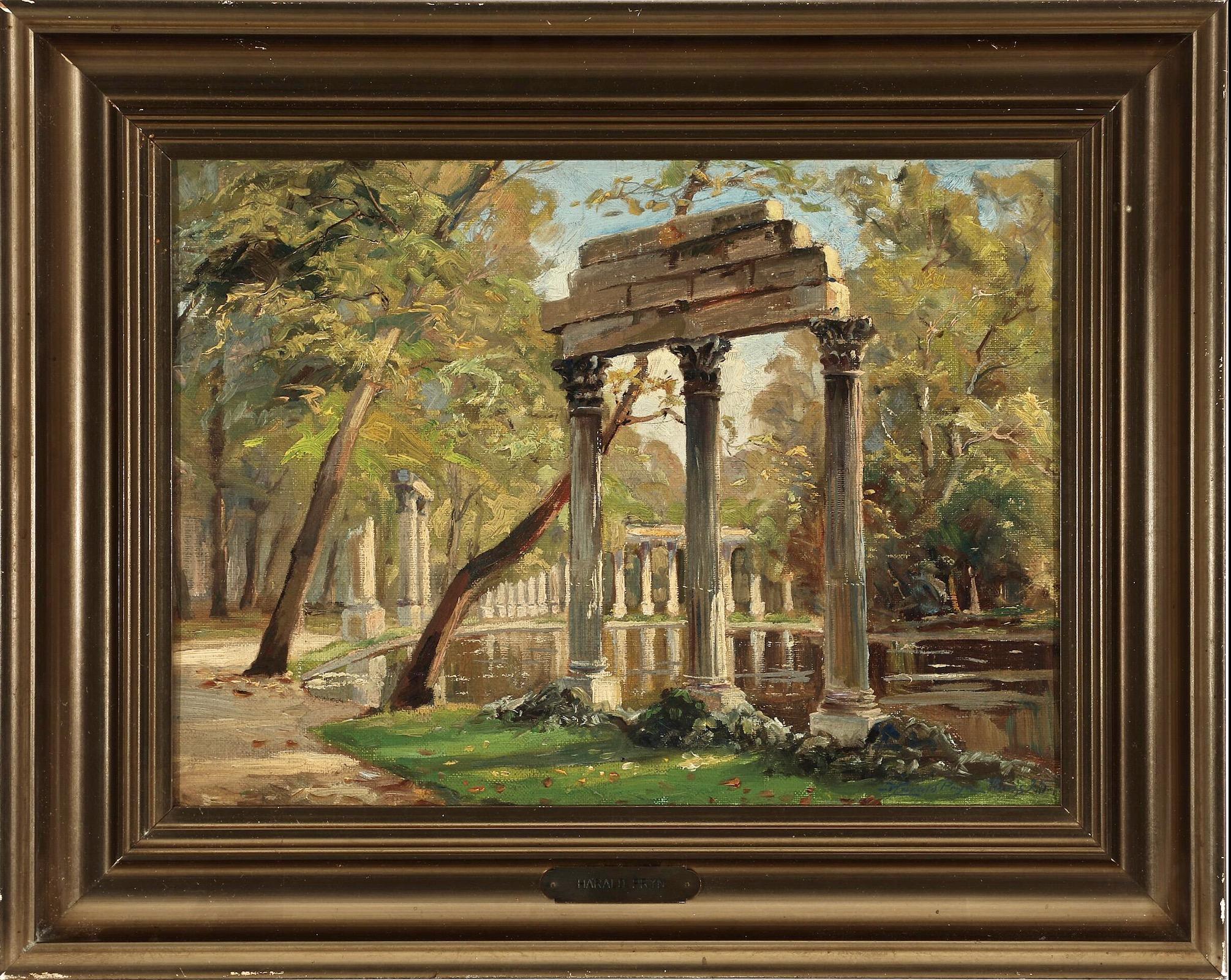 Garden in Antique Roman Style, Monceau Park - Brown Landscape Painting by Harald Pryn