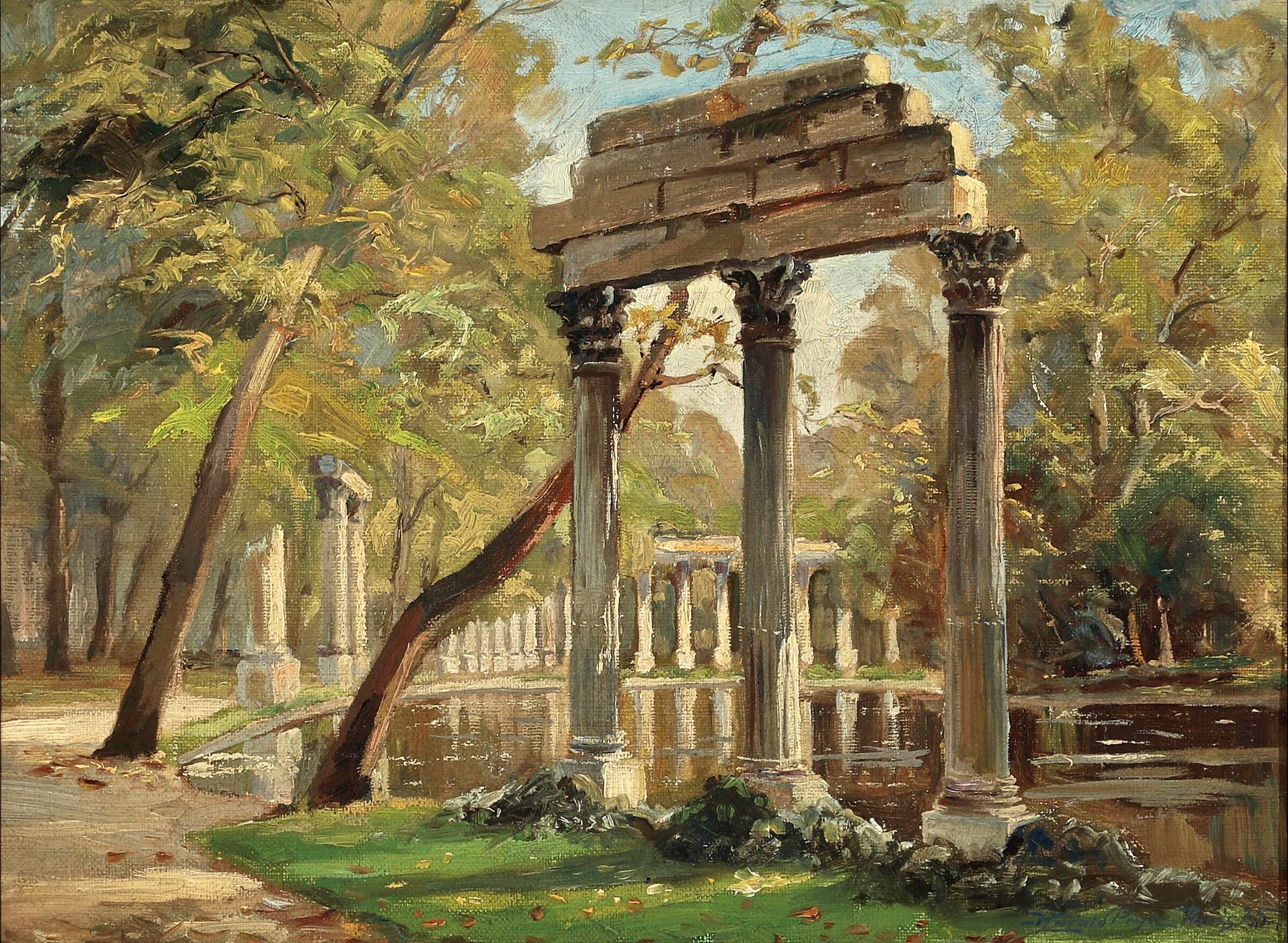 Garden in antique Roman Style, Monceau Park (Parc Monceau), Paris.
The scene depicts a romantic garden motif within Parc Monceau in Paris. At the center of the composition lies a tranquil pond encircled by classical columns with capitals and a
