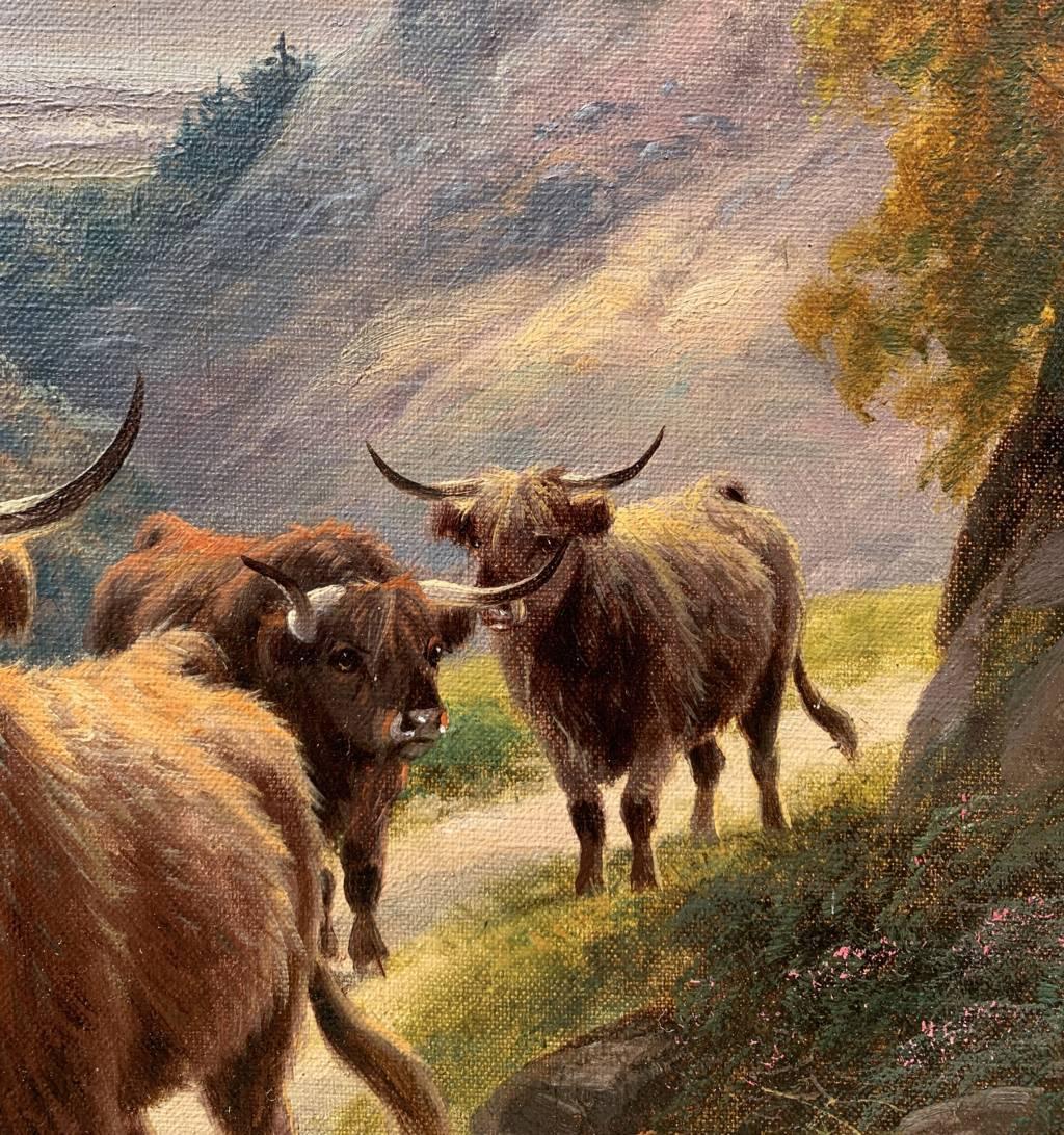 Harald R. Hall - Pintura paisajista inglesa de finales del siglo XIX - Herd Highlanders 6