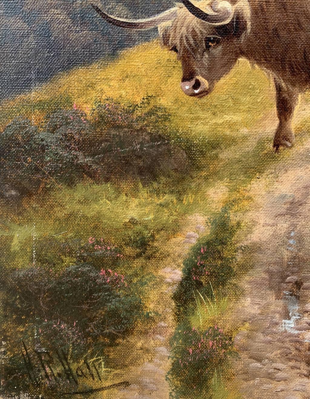 Harald R. Hall - Pintura paisajista inglesa de finales del siglo XIX - Herd Highlanders 7