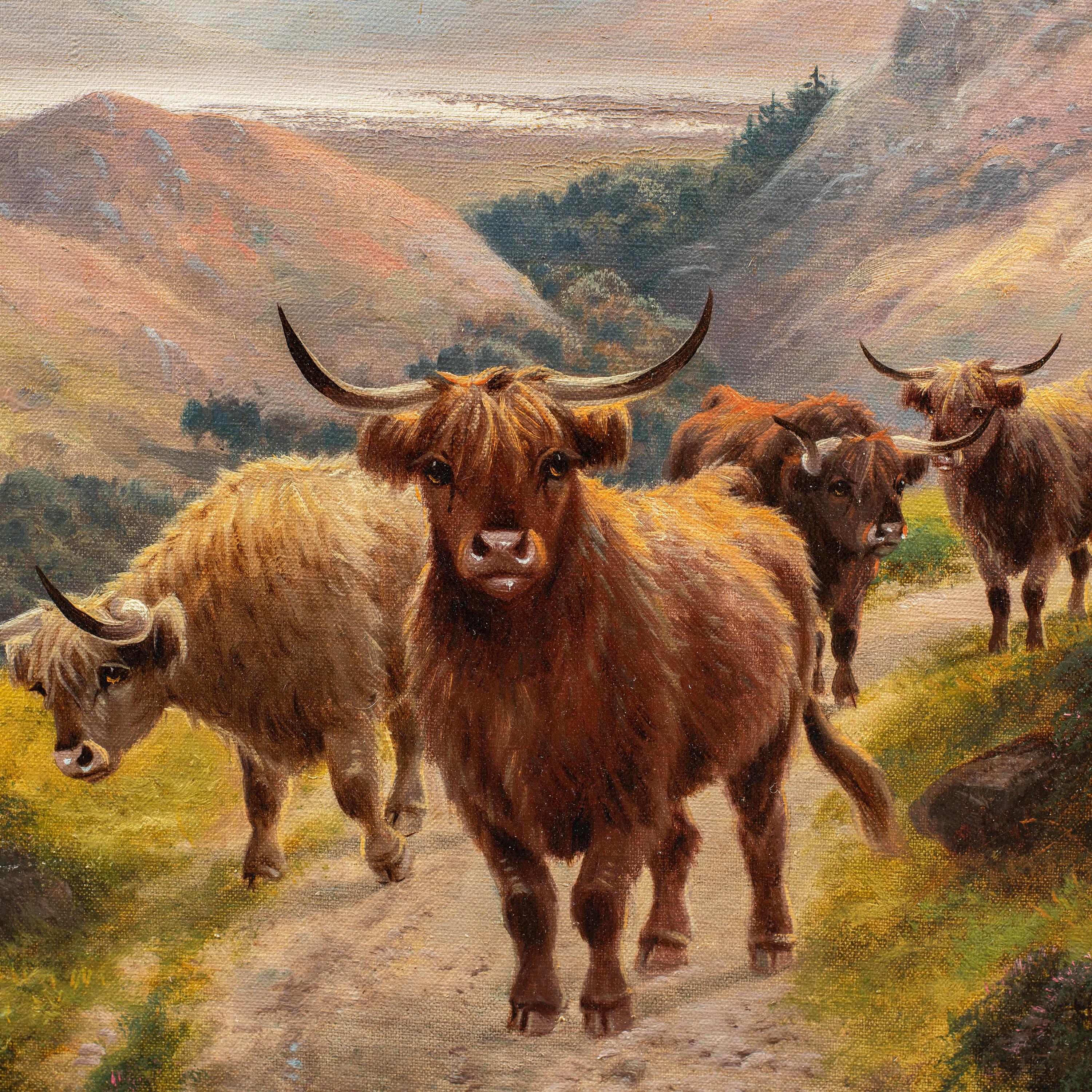Harald R. Hall - Late 19th century English landscape painting - Herd Highlanders - Painting by  Harald R. Hall